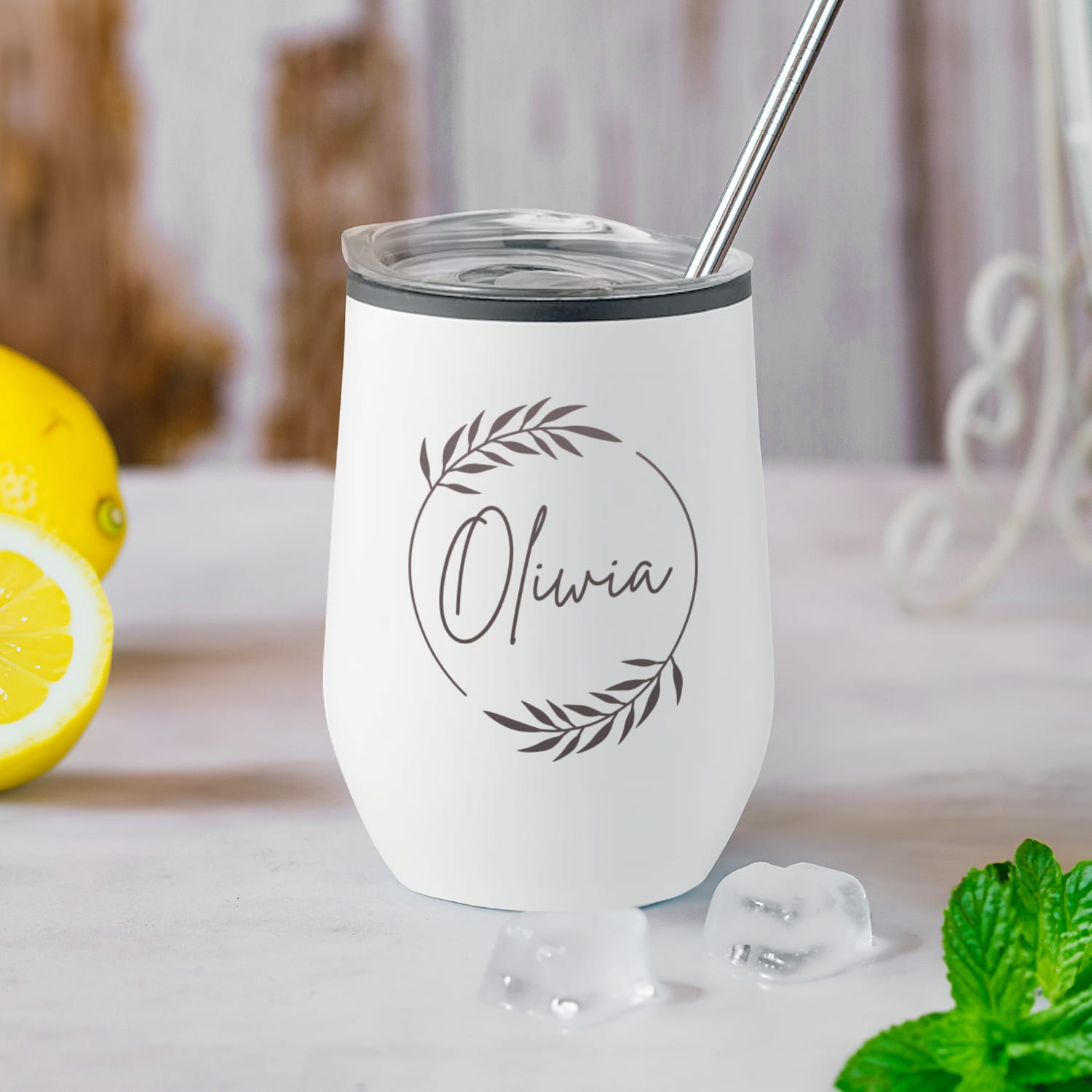 Termiczny Kubek dla Dziewczyny z Imieniem do Drinków Wina z Podwójną Ścianką -  Prezent dla Niej na Dzień Kobiet - Koło z listkami