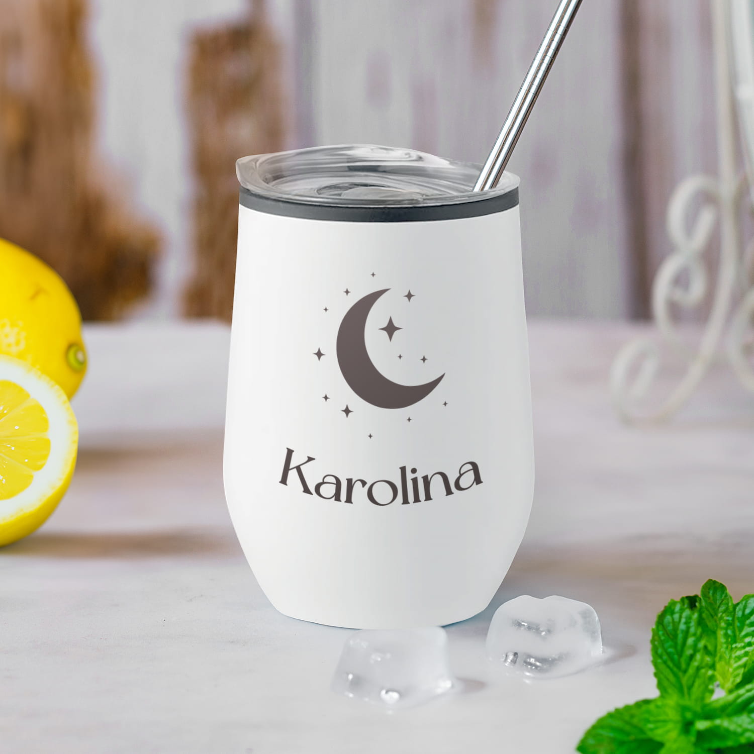 Termiczny Kubek dla Dziewczyny z Imieniem do Drinków Wina z Podwójną Ścianką -  Prezent dla Niej na Dzień Kobiet -  Księżyc