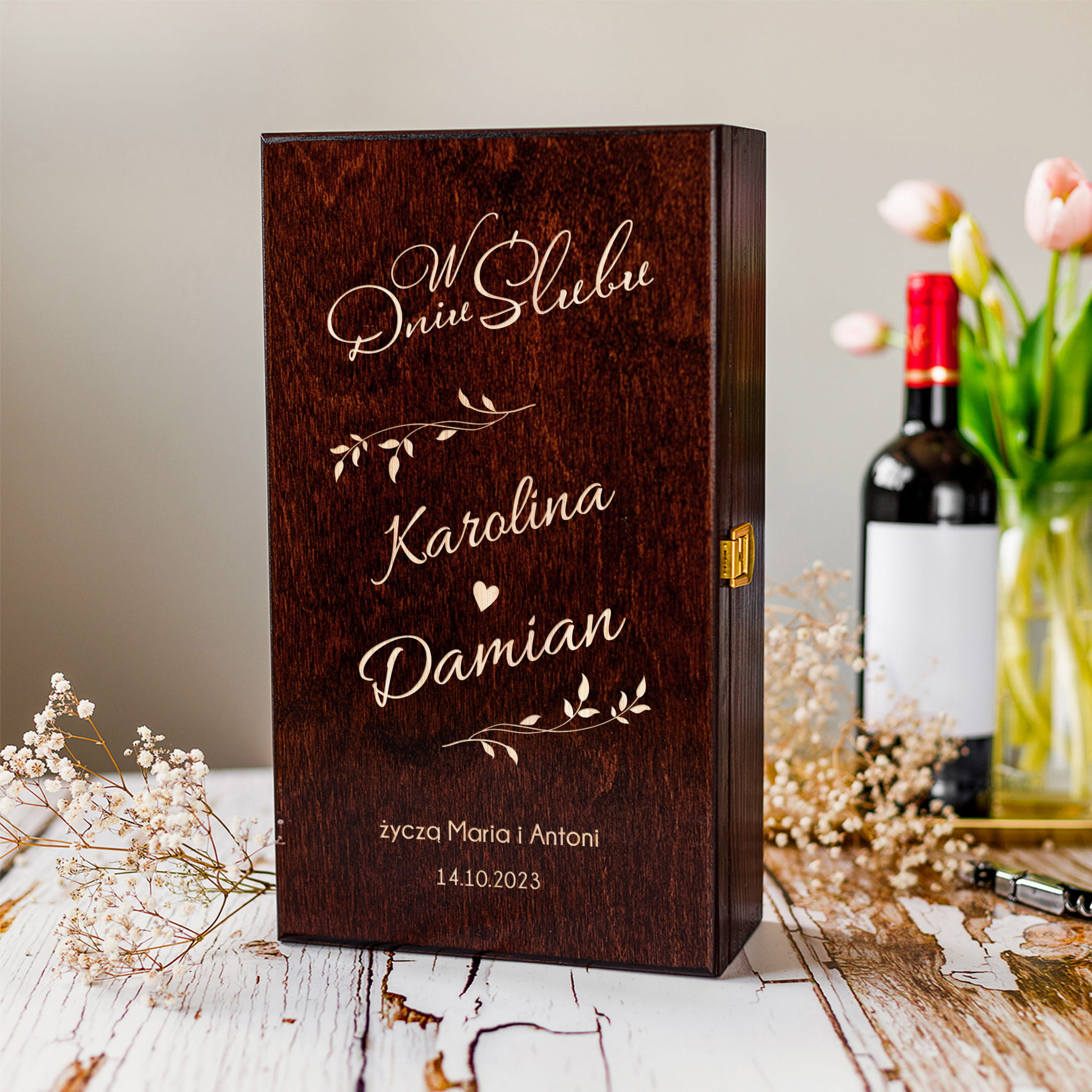 Skrzynka na Wino z Grawerem - Prezent na Ślub dla Pary Młodej - W Dniu Ślubu - Gałązki - Podwójna