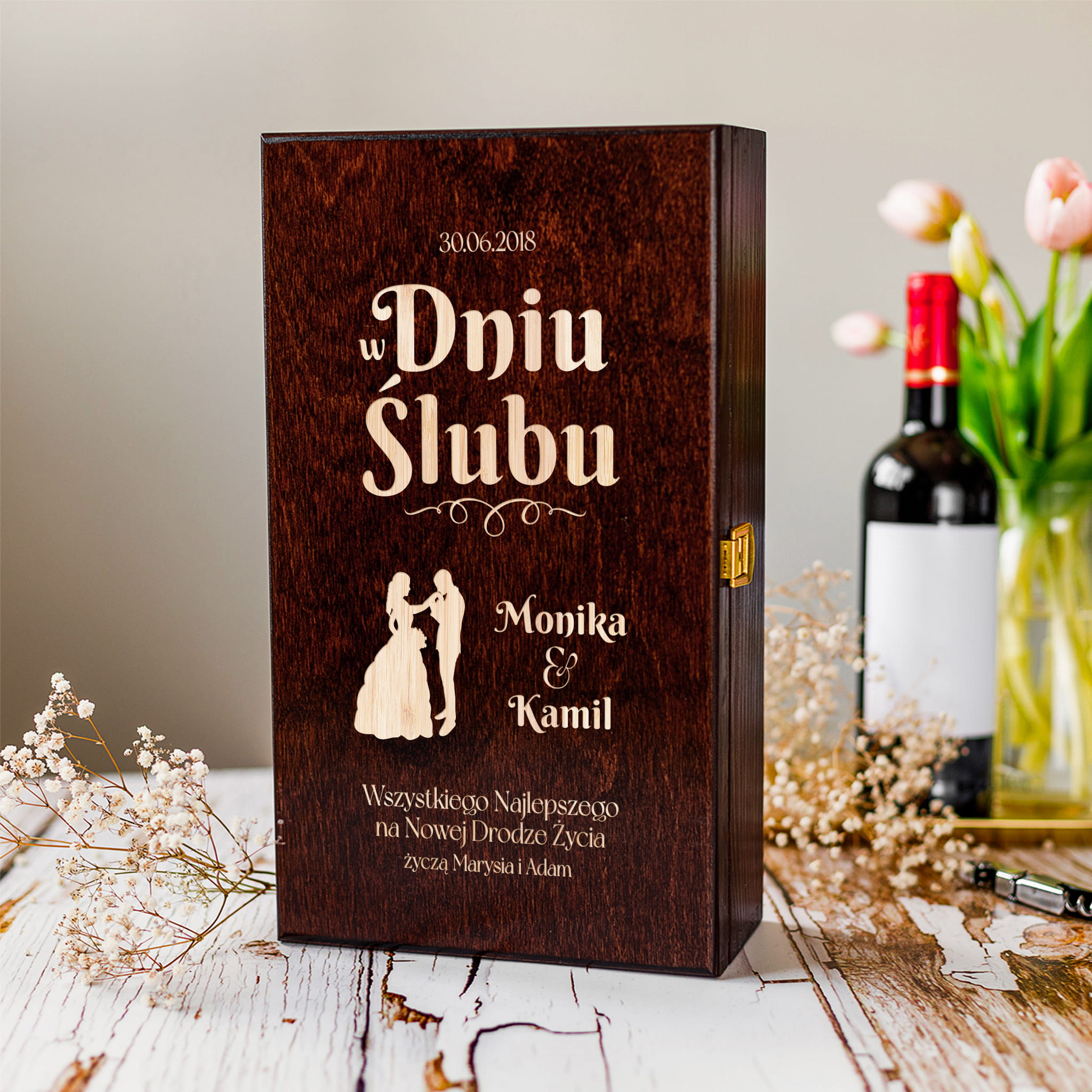 Skrzynka na Wino z Grawerem - Prezent na Ślub dla Pary Młodej - Para Młoda - Podwójna