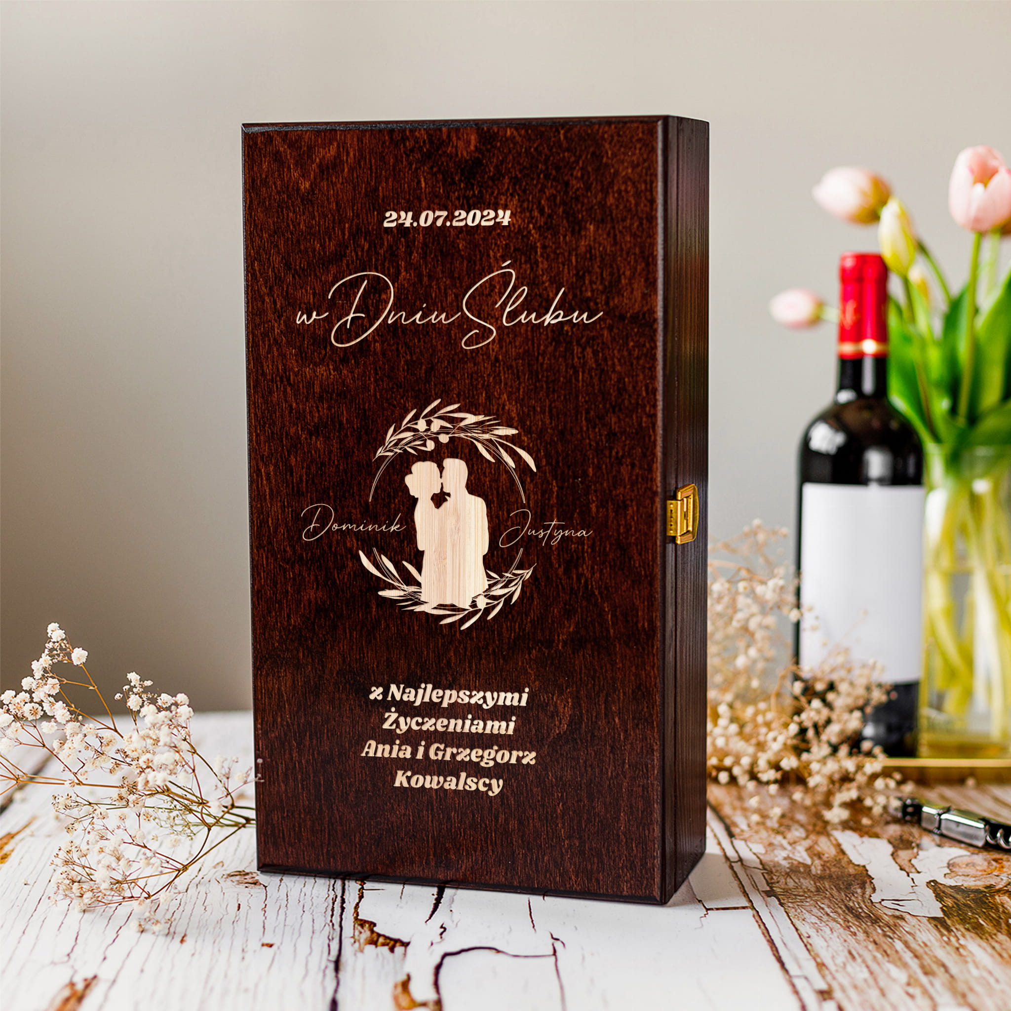 Skrzynka na Wino z Grawerem - Prezent na Ślub dla Pary Młodej - W Dniu Ślubu - Wianek - Podwójna