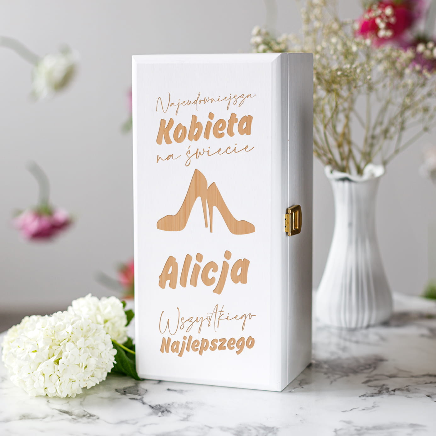 Skrzynka Biała na Alkohol Na Dzień Kobiet - Prezent Dla Kobiety - Najcudowniejsza Kobieta Na Świecie