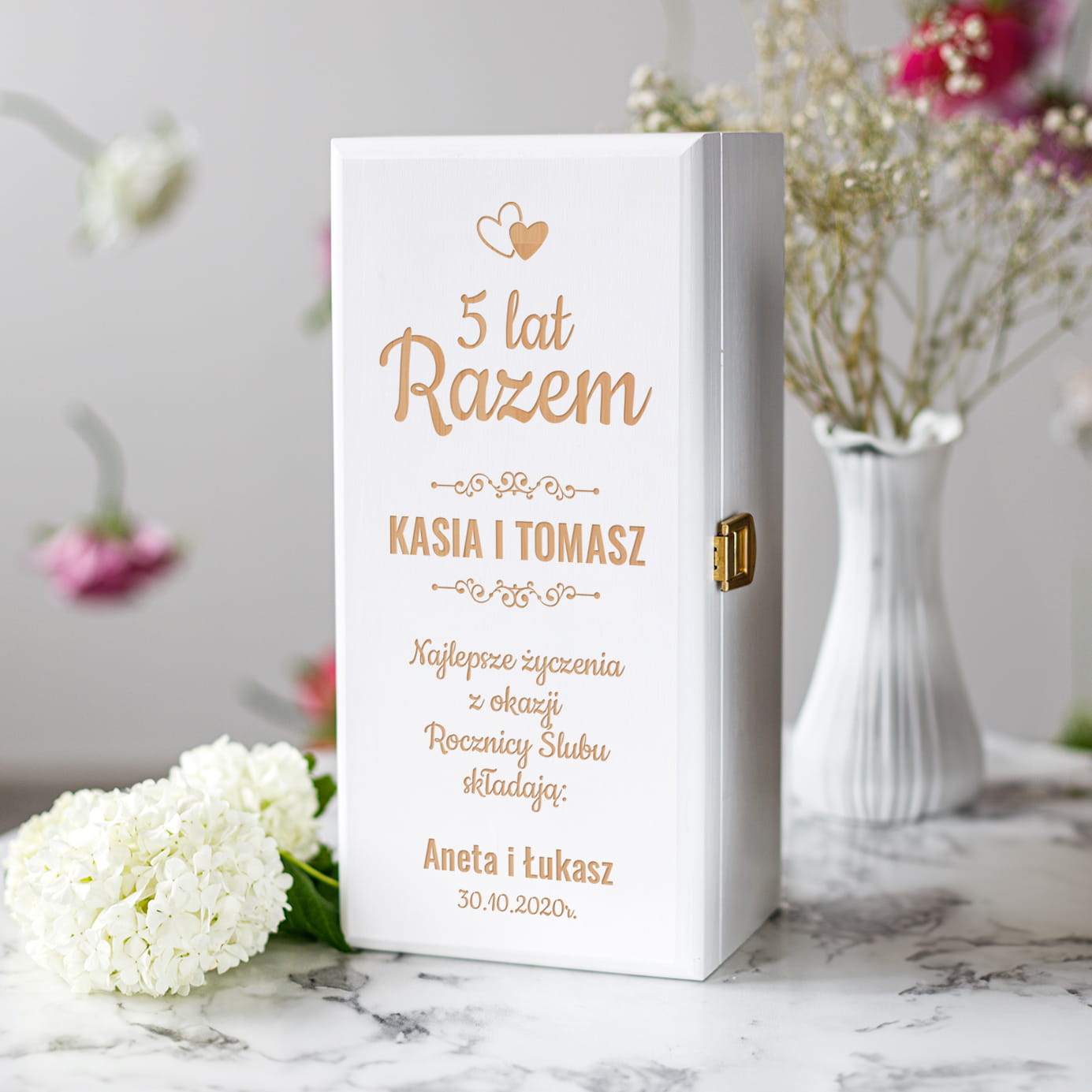 Skrzynka Biała na Alkohol Na Rocznicę Ślubu - Rocznica - Serca
