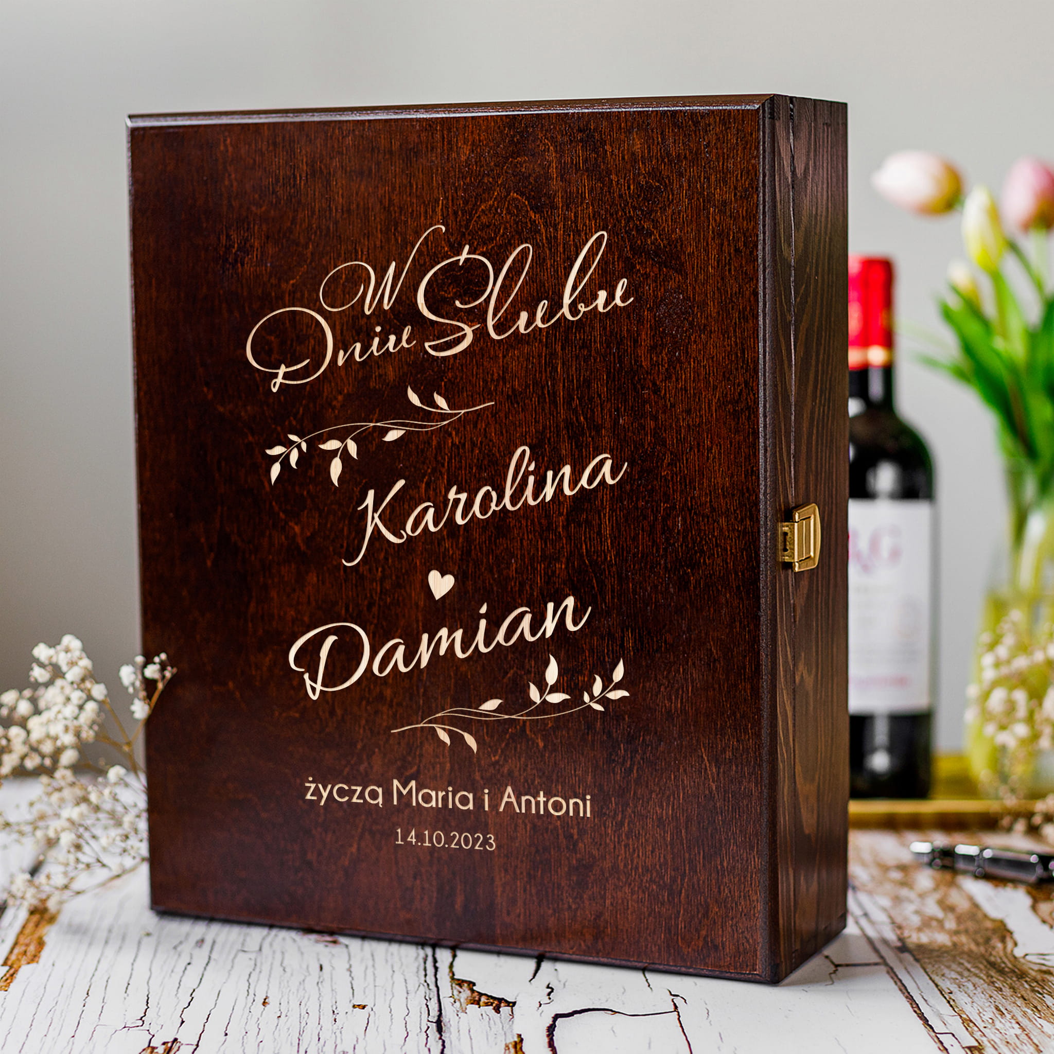 Skrzynka na Wino z Grawerem - Prezent na Ślub dla Pary Młodej - W Dniu Ślubu - Gałązki - Potrójna