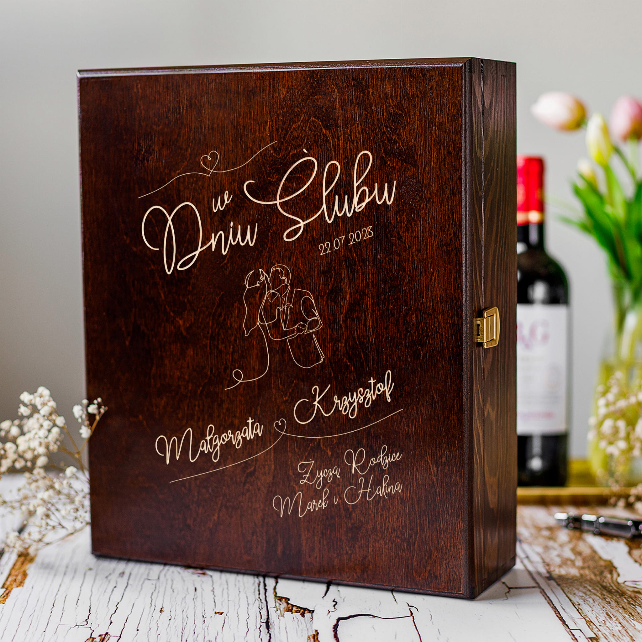 Skrzynka na Wino z Grawerem - Prezent na Ślub dla Pary Młodej - W Dniu Ślubu - Para Młoda - Potrójna
