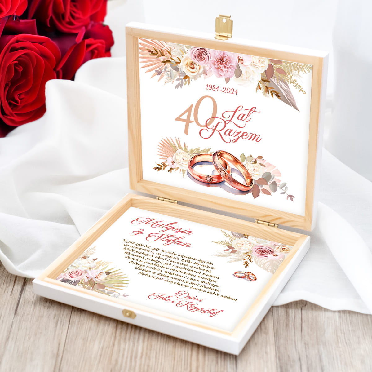 Pudełko Na Pieniądze Na Rocznicę - Pamiątka Rocznicy Ślubu w Pudełku z Grawerem - Róże