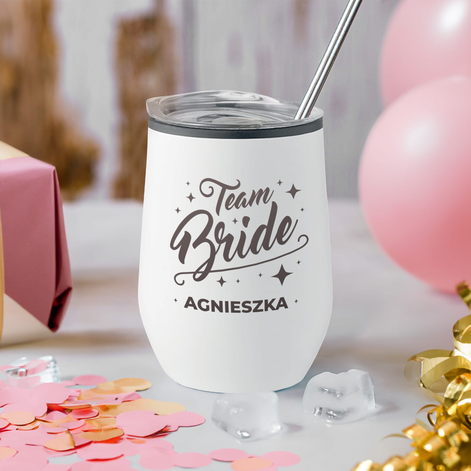 Termiczny Kubek Na Wieczór Panieński do Drinków Wina z Podwójną Ścianką -  Prezent dla Przyszłej Panny Młodej  -  Team Bride