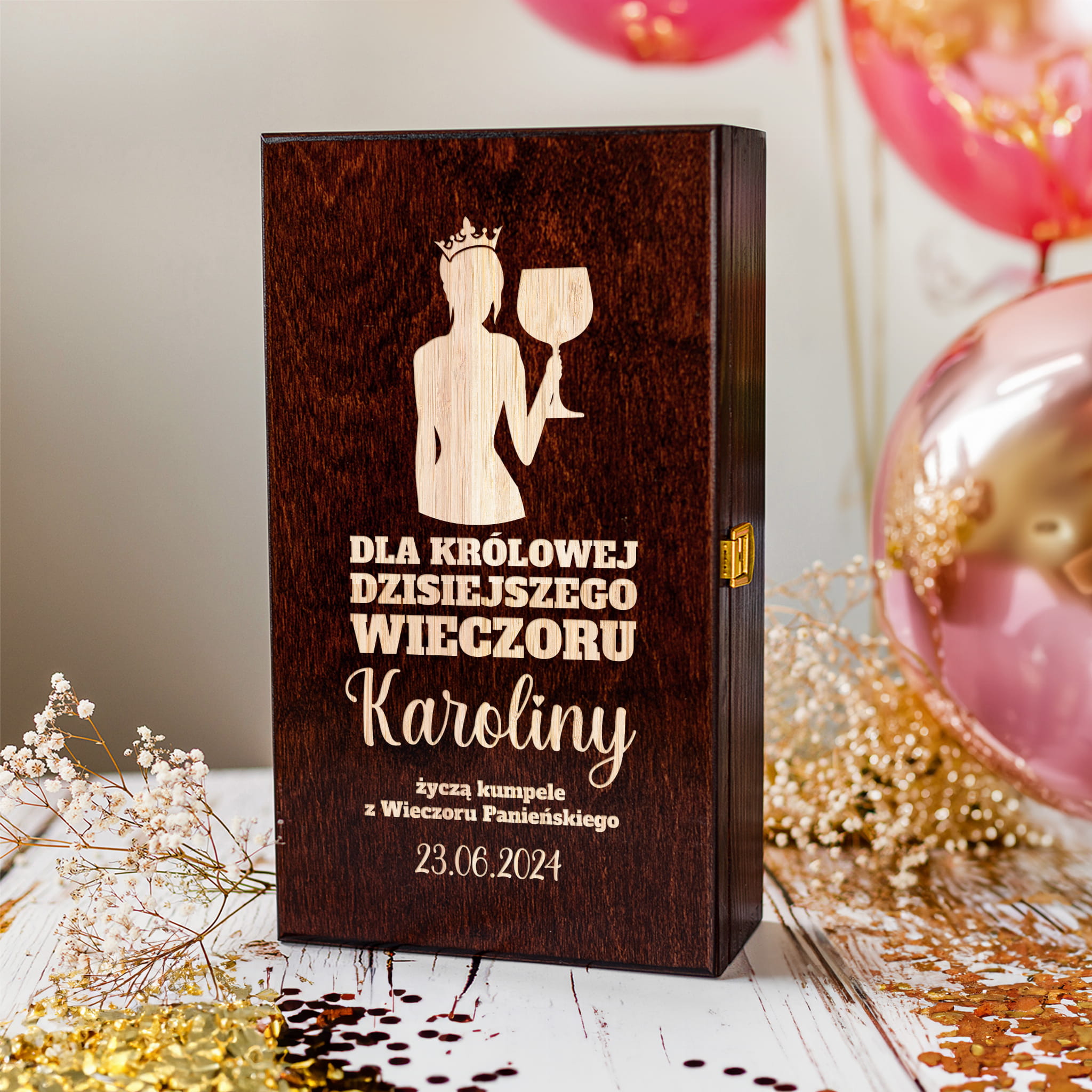 Skrzynka Podwójna na Wino z Grawerem Dla Przyszłej Panny Młodej - Prezent na Wieczór Panieński - Dla Królowej Wieczoru