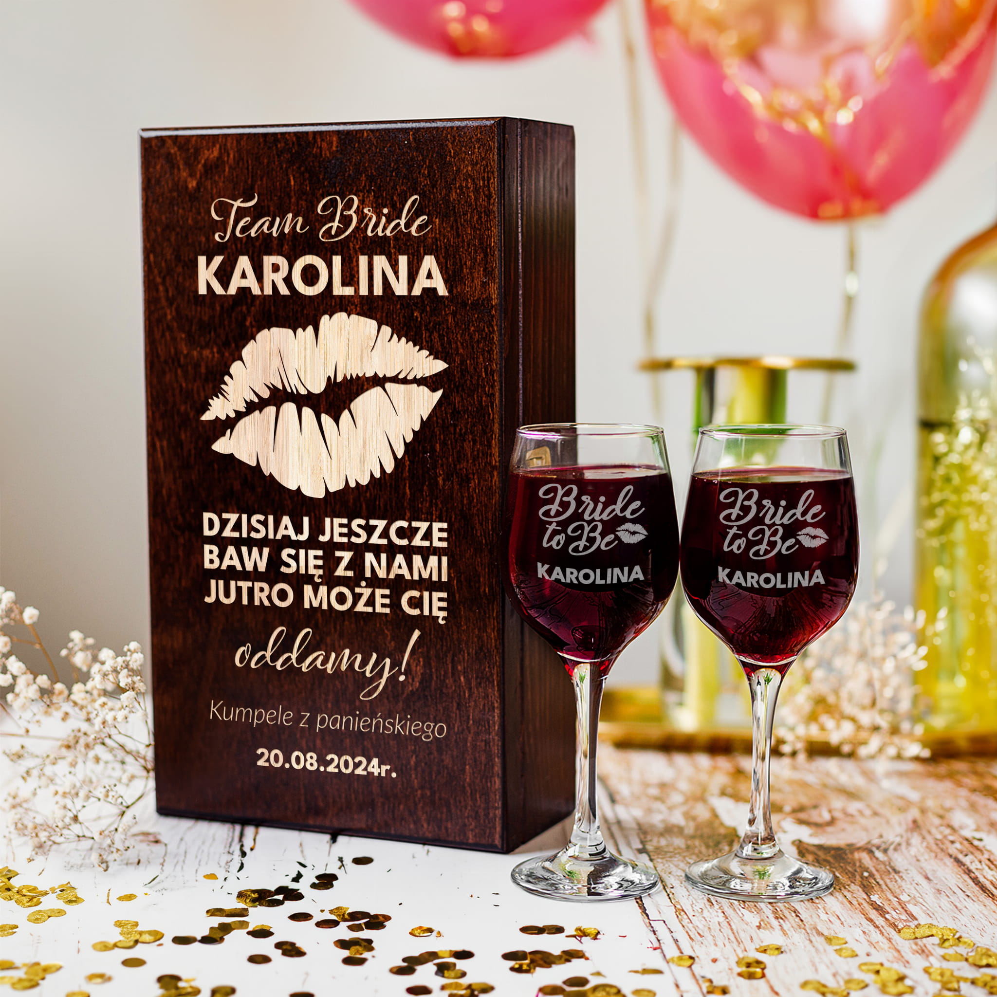 Skrzynka Podwójna na Wino z Kieliszkami z Grawerem Dla Przyszłej Panny Młodej - Prezent na Wieczór Panieński - Team Bride