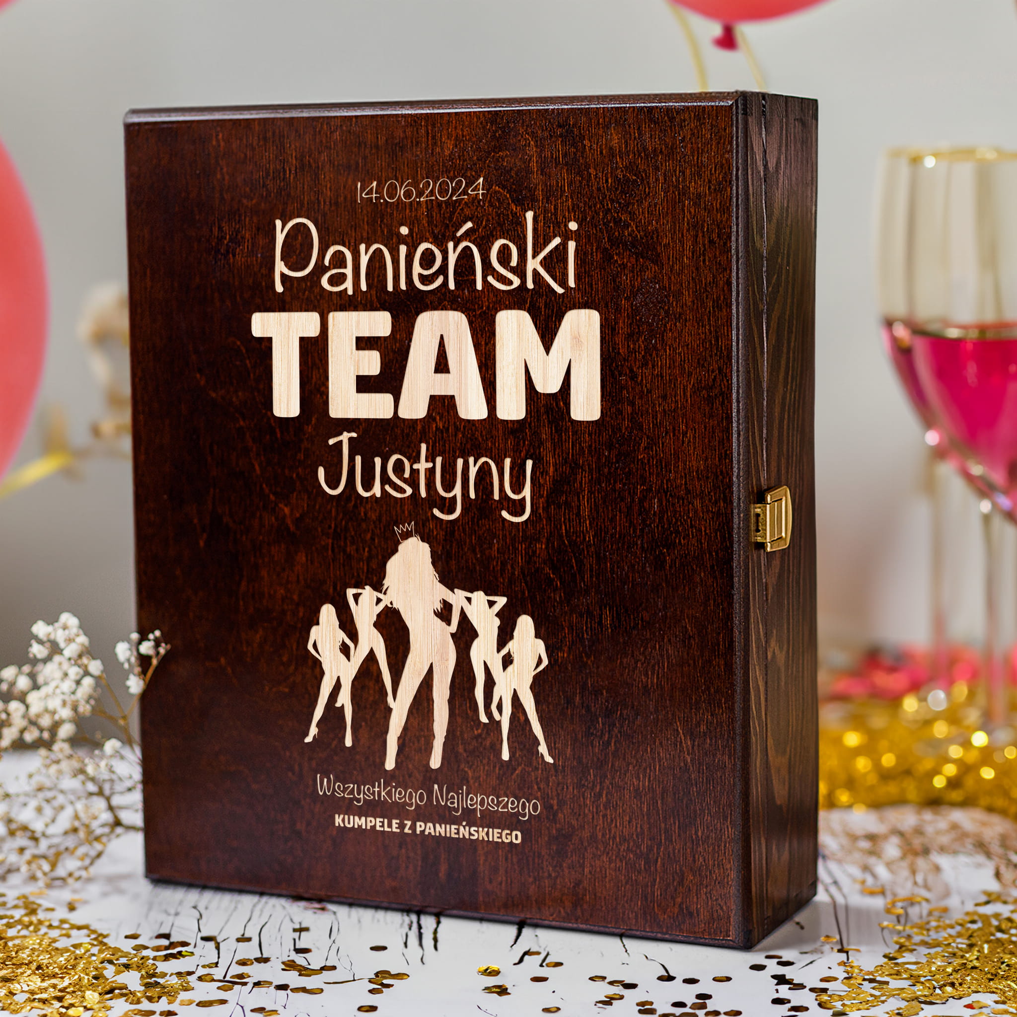 Skrzynka Potrójna na Wino z Grawerem Dla Przyszłej Panny Młodej - Prezent Na Wieczór Panieński - Panieński Team