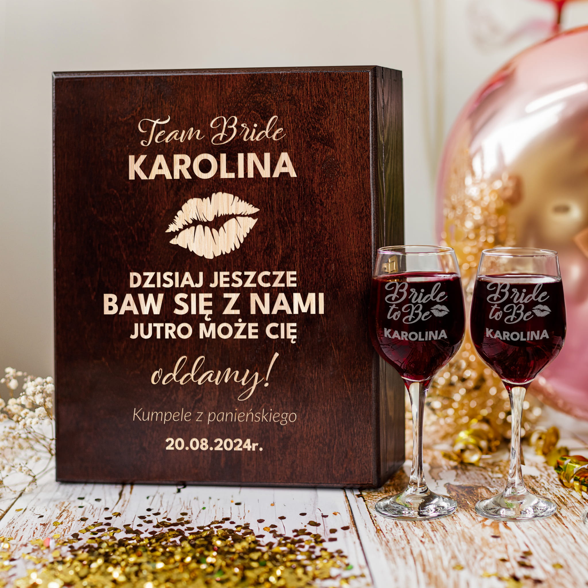 Skrzynka Potrójna na Wino z Kieliszkami z Grawerem Dla Przyszłej Panny Młodej - Prezent Na Wieczór Panieński - Team Bride