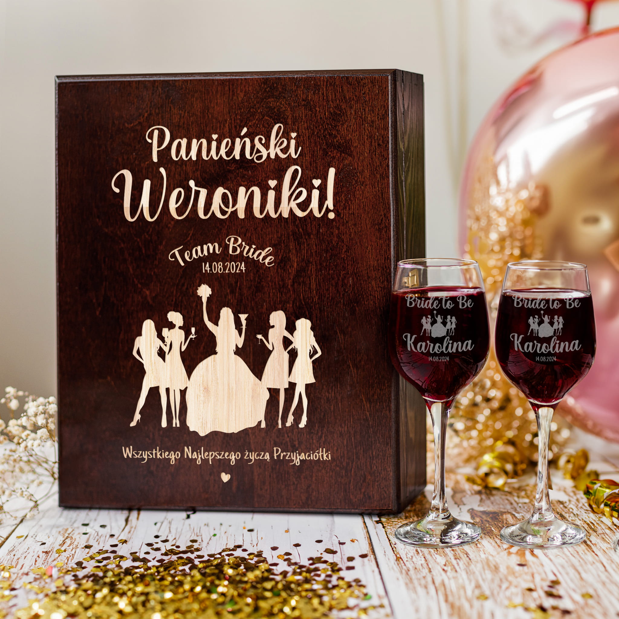 Skrzynka Potrójna na Wino z Kieliszkami z Grawerem Dla Przyszłej Panny Młodej - Prezent Na Wieczór Panieński - Team Bride Panieński