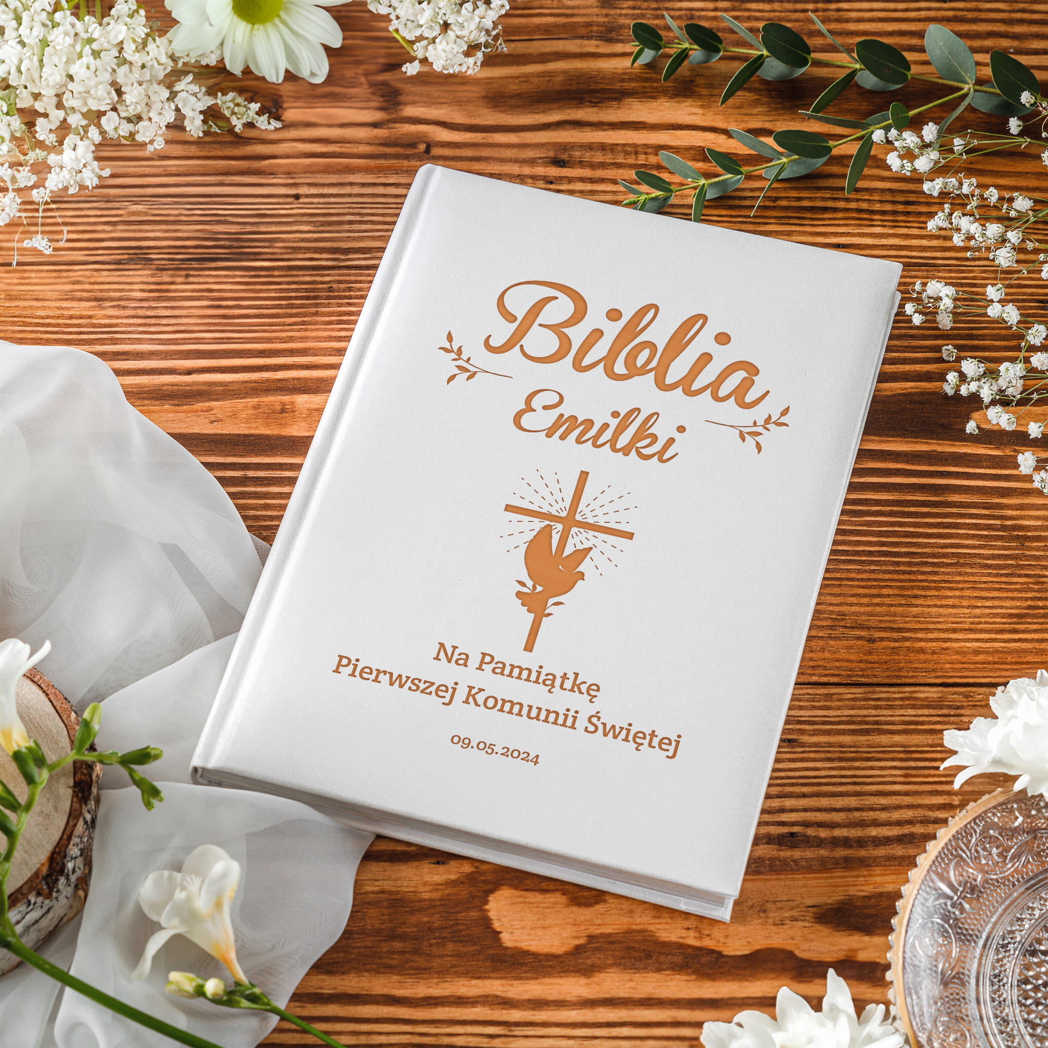 Biblia Prezent na Komunię Świętą - Pamiątka Pierwszej Komunii Świętej - Krzyżyk z Gołąbkiem
