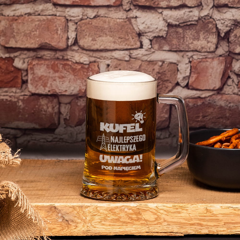 Kufel do Piwa z Grawerem - Prezent dla Elektryka - Kufel Najlepszego Elektryka - Uwaga Pod Napięciem