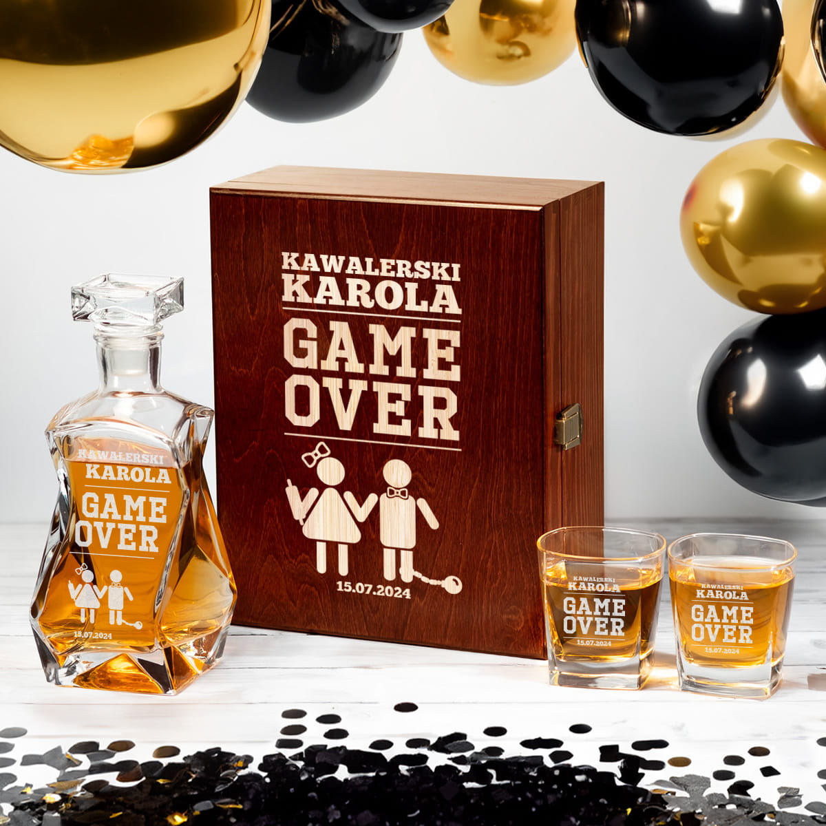 Karafka z Grawerem w Skrzynce i Szklanki Do Whisky - Prezent na Wieczór Kawalerski - Game Over - Łamana
