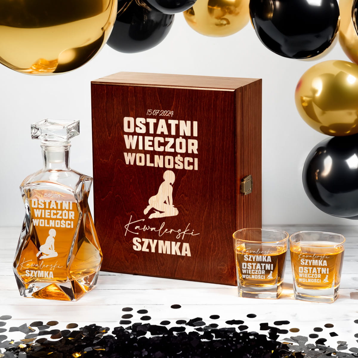 Karafka z Grawerem w Skrzynce i Szklanki Do Whisky - Prezent na Wieczór Kawalerski - Ostatni Wieczór Wolności - Łamana