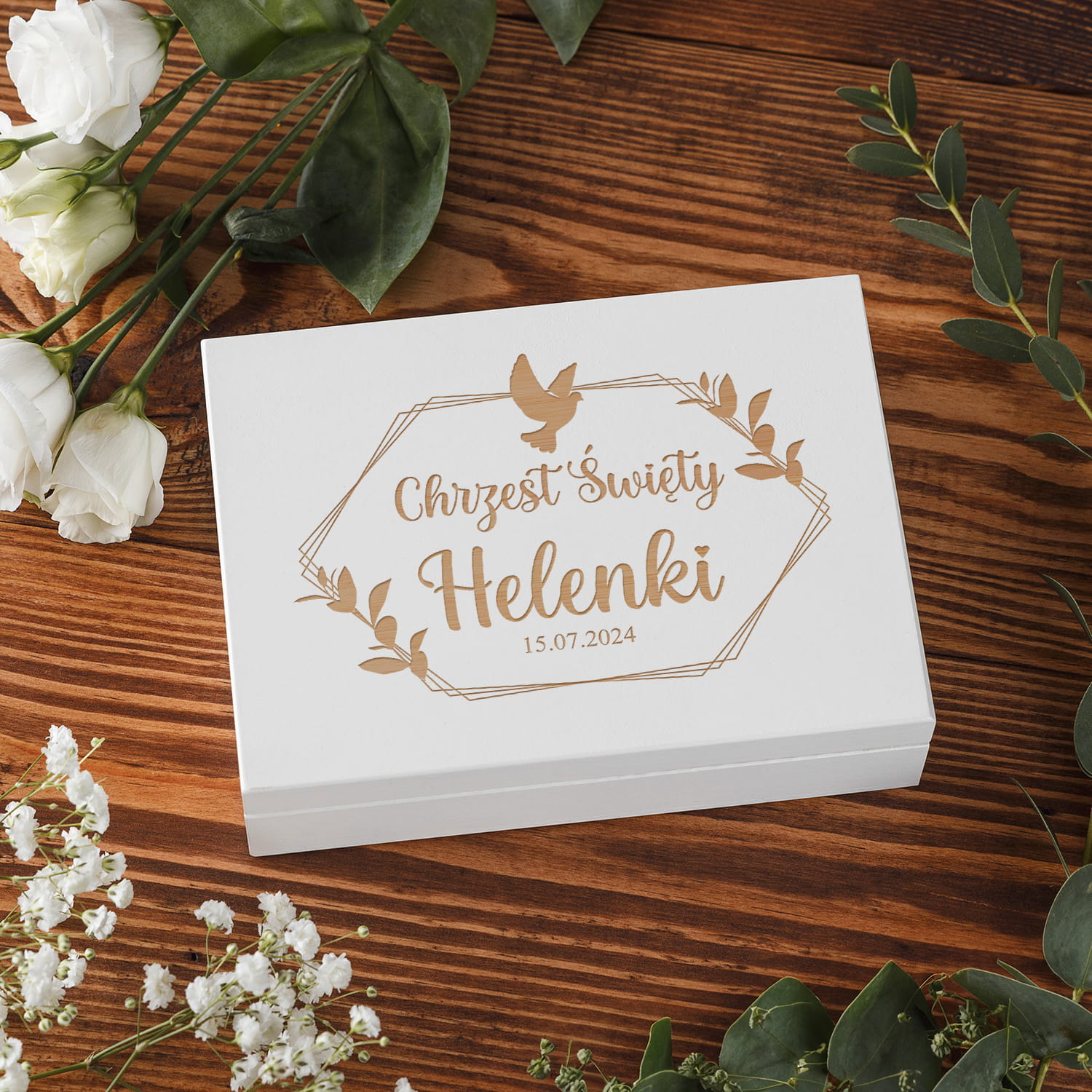 Pudełko Na Pieniądze Różaniec Bransoletka Chrzest - Pamiątka Chrztu Świętego w Pudełku z Grawerem - Gołąbek
