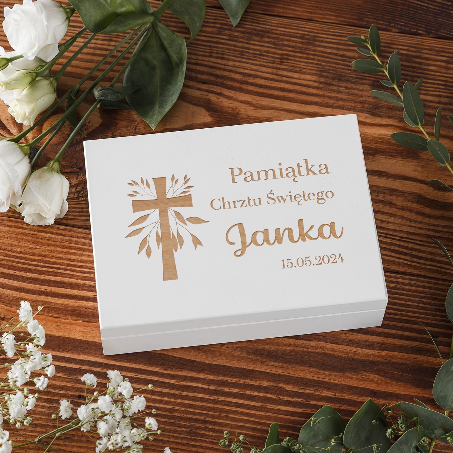 Pudełko Na Pieniądze Różaniec Bransoletka Chrzest - Pamiątka Chrztu Świętego w Pudełku z Grawerem - Krzyż