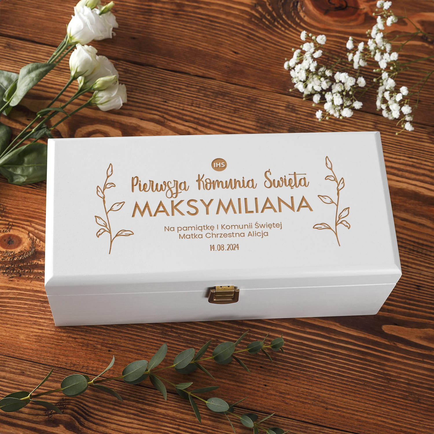 Pudełko Na Pieniądze i Pamiątki Komunia - Pamiątka Pierwszej Komunii w Pudełku z Grawerem - Gałązki Hostia