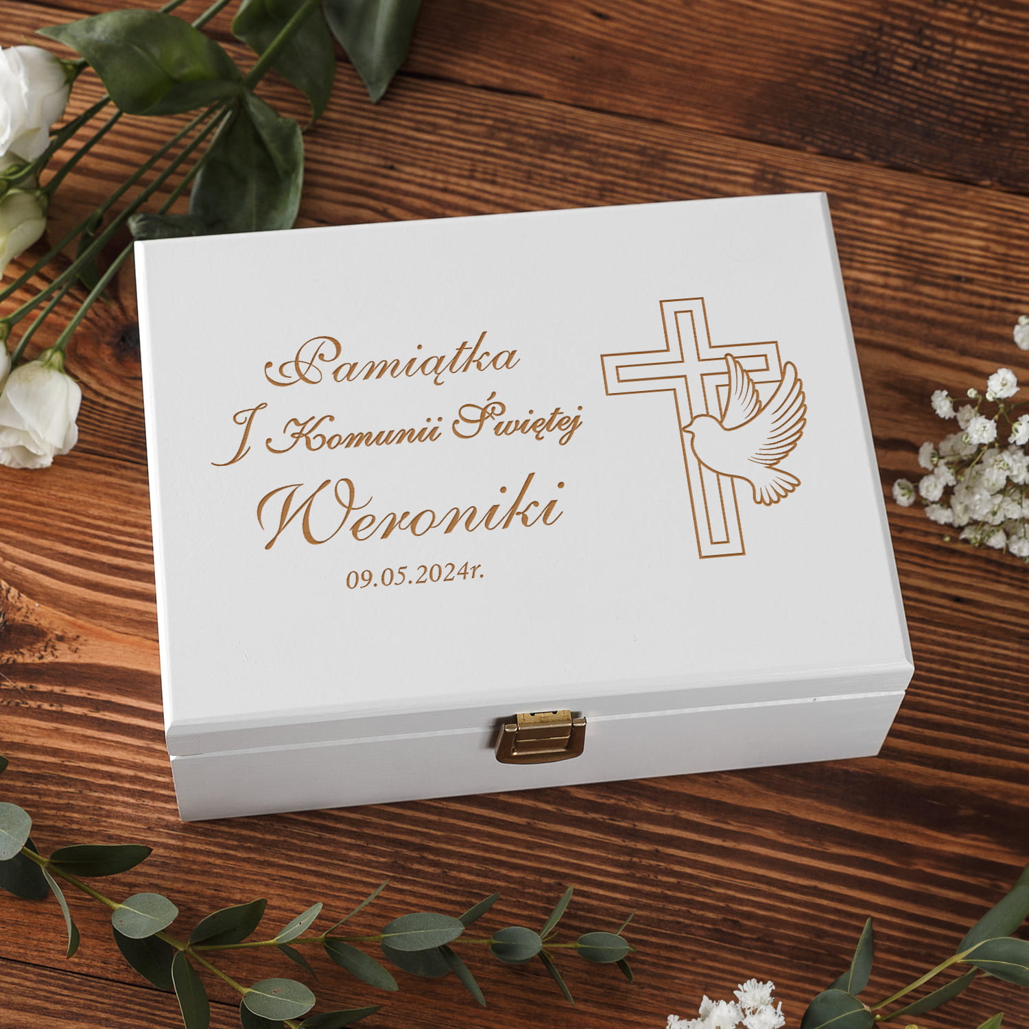 Pudełko Na Pieniądze i Pamiątki Z Komunii - Pamiątka Pierwszej Komunii w Pudełku z Grawerem - Krzyż