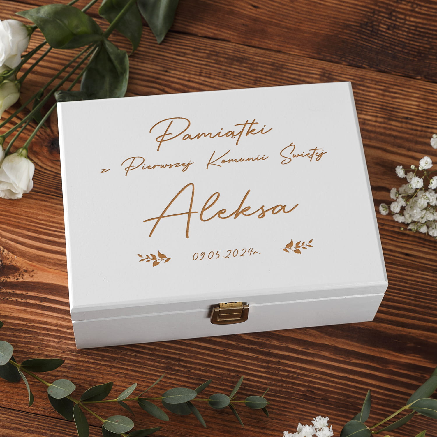 Pudełko Na Pieniądze i Pamiątki Z Komunii - Pamiątka Pierwszej Komunii w Pudełku z Grawerem - Listki
