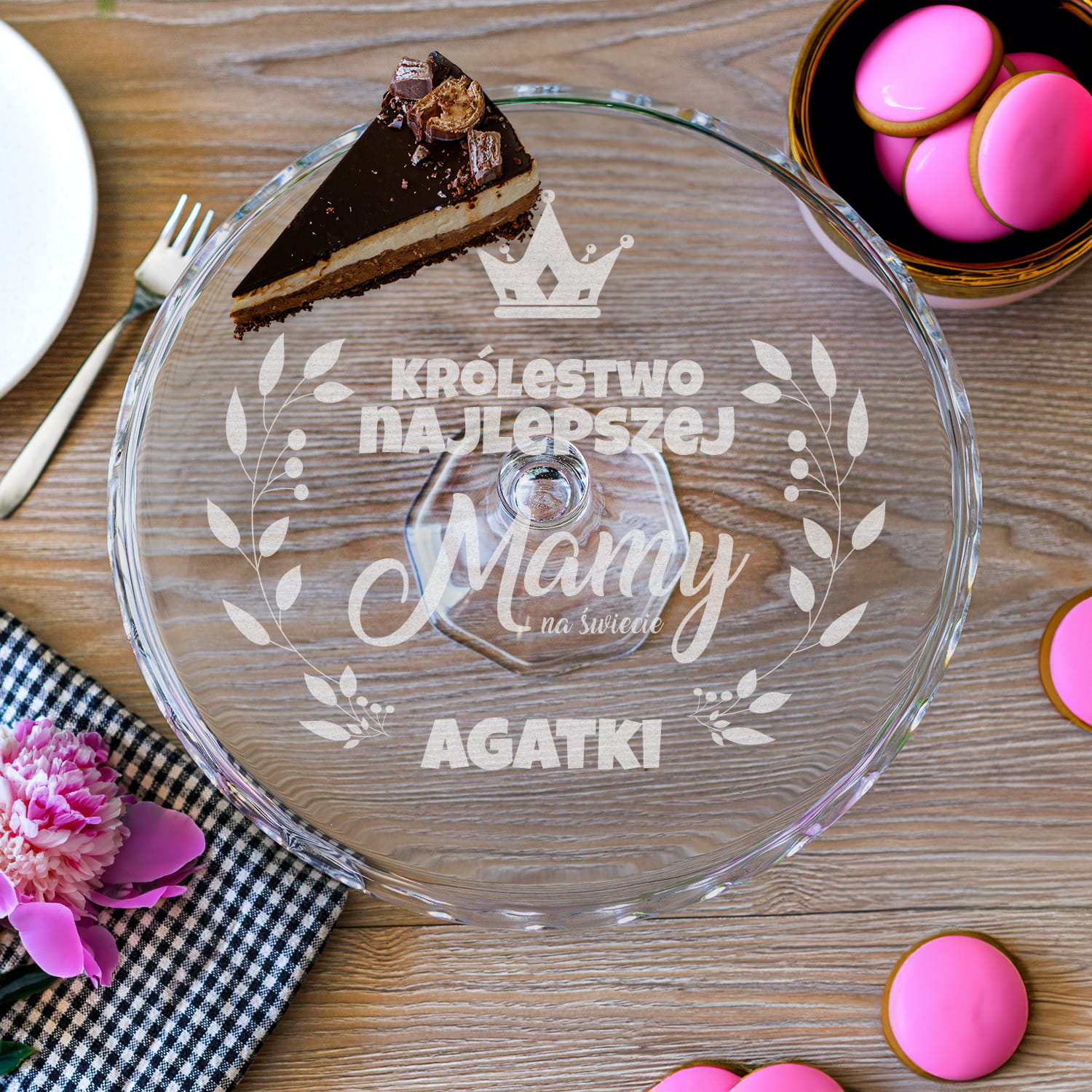 Szklana Patera na Ciasto Tort z Grawerem dla Mamy - Prezent na Dzień Matki -Królestwo Najlepszej Mamy