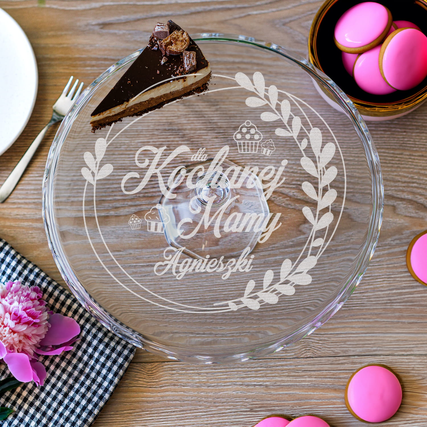 Szklana Patera na Ciasto Tort z Grawerem dla Mamy - Prezent na Dzień Matki - Dla Kochanej Mamy
