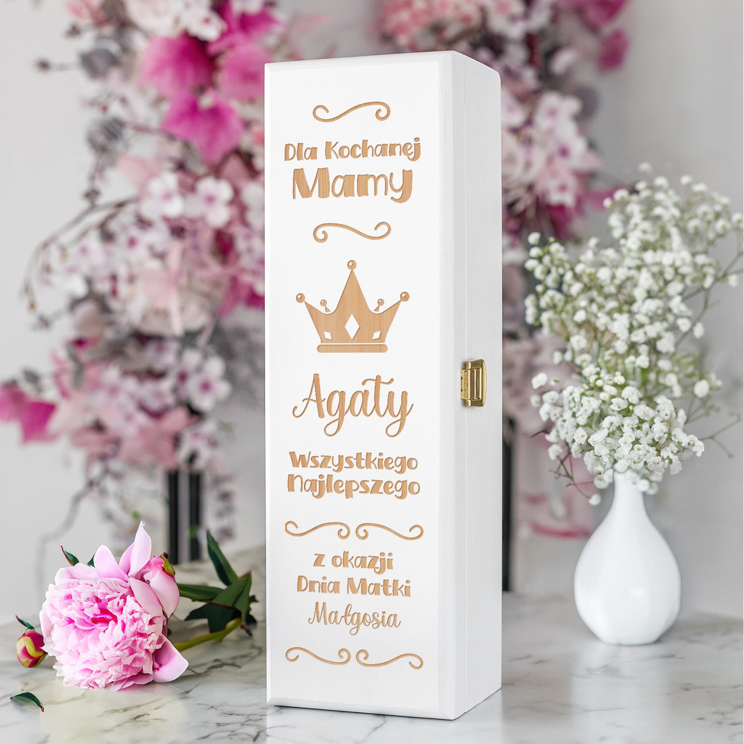 Skrzynka Biała Na Wino z Grawerem dla Mamy - Prezent na Dzień Matki - Dla Kochanej Mamy Korona - Pojedyncza