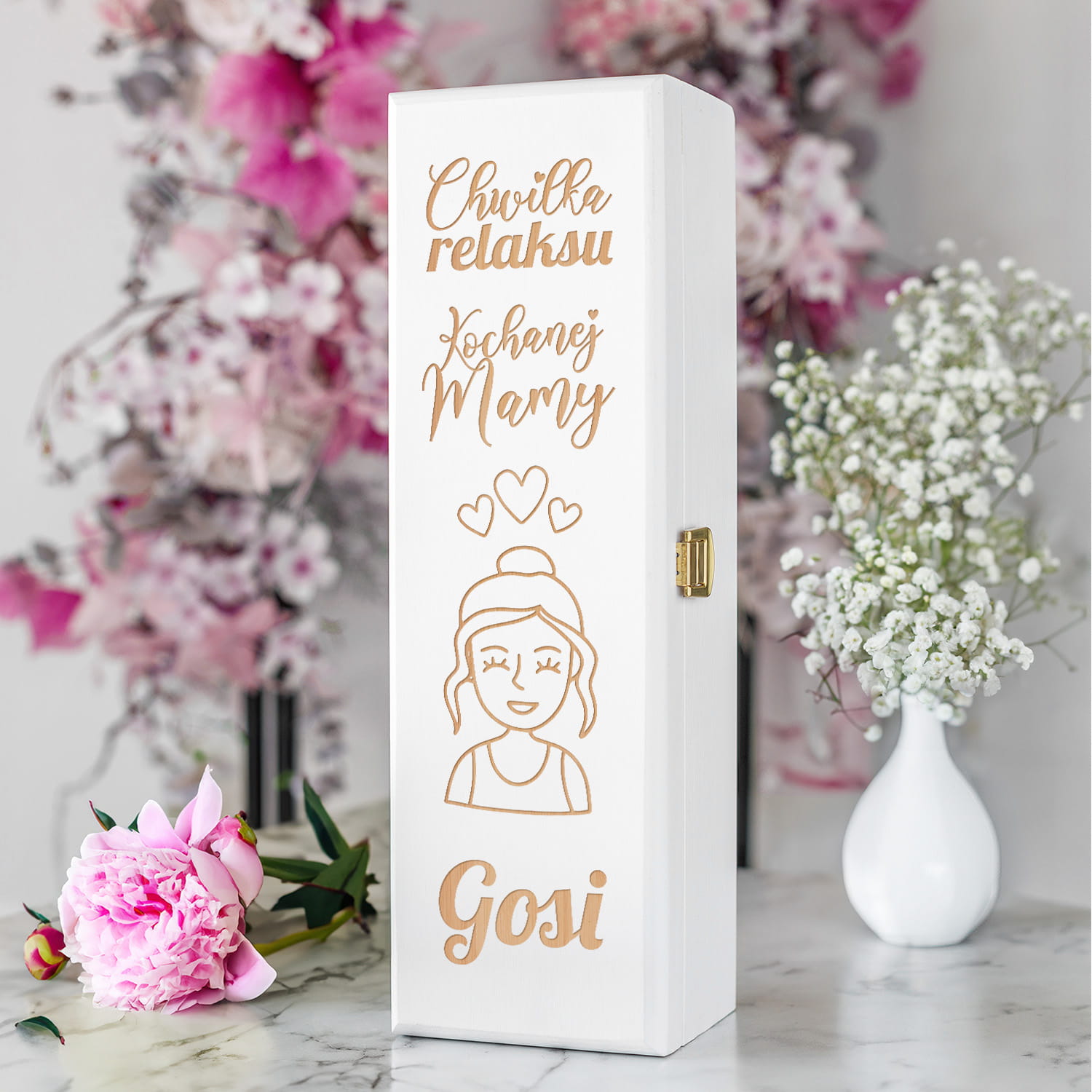 Skrzynka Biała Na Wino z Grawerem dla Mamy - Prezent na Dzień Matki - Chwila Relaksu - Pojedyncza