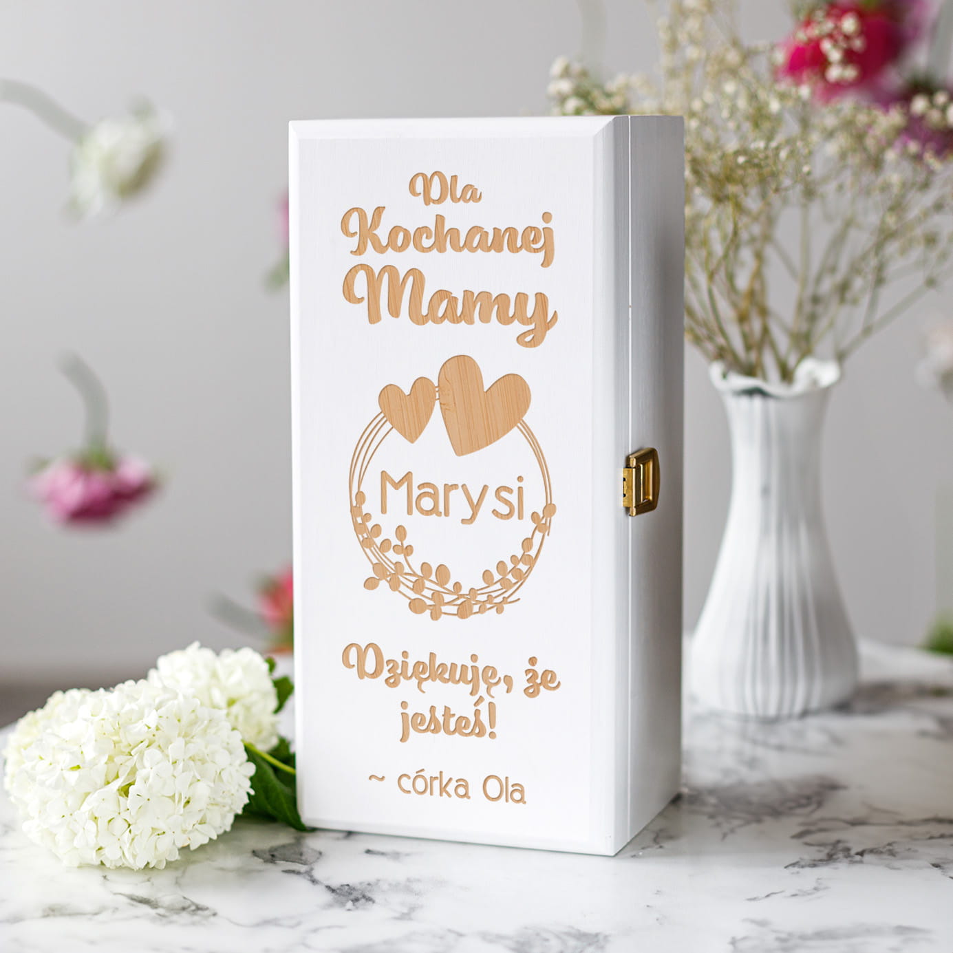 Skrzynka Na Alkohol z Grawerem dla Mamy - Prezent na Dzień Matki - Dla Kochanej Mamy - Biała