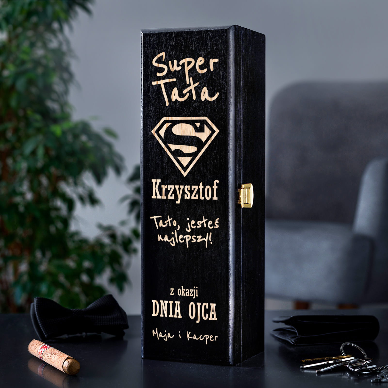 Skrzynka Czarna Na Wino z Grawerem dla Taty - Prezent na Dzień Ojca - Super Tata - Pojedyncza