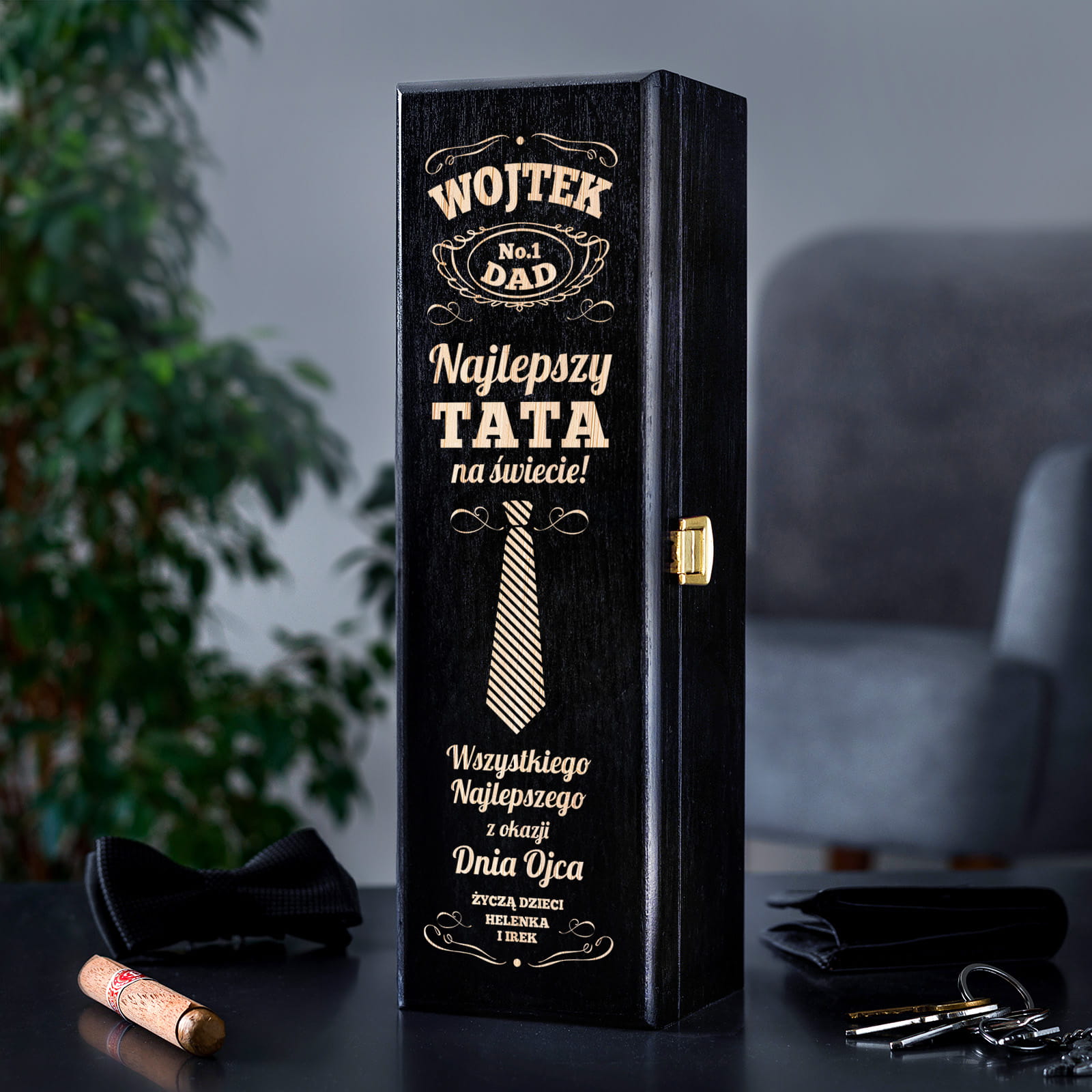 Skrzynka Czarna Na Wino z Grawerem dla Taty - Prezent na Dzień Ojca - No. 1 DAD - Pojedyncza