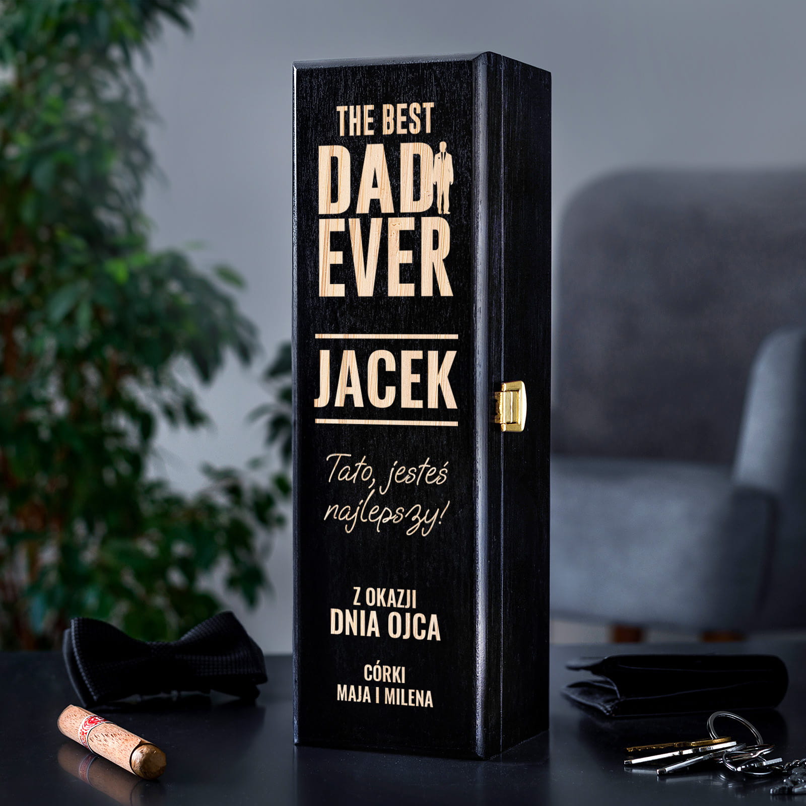 Skrzynka Czarna Na Wino z Grawerem dla Taty - Prezent na Dzień Ojca - The Best Dad Ever - Pojedyncza
