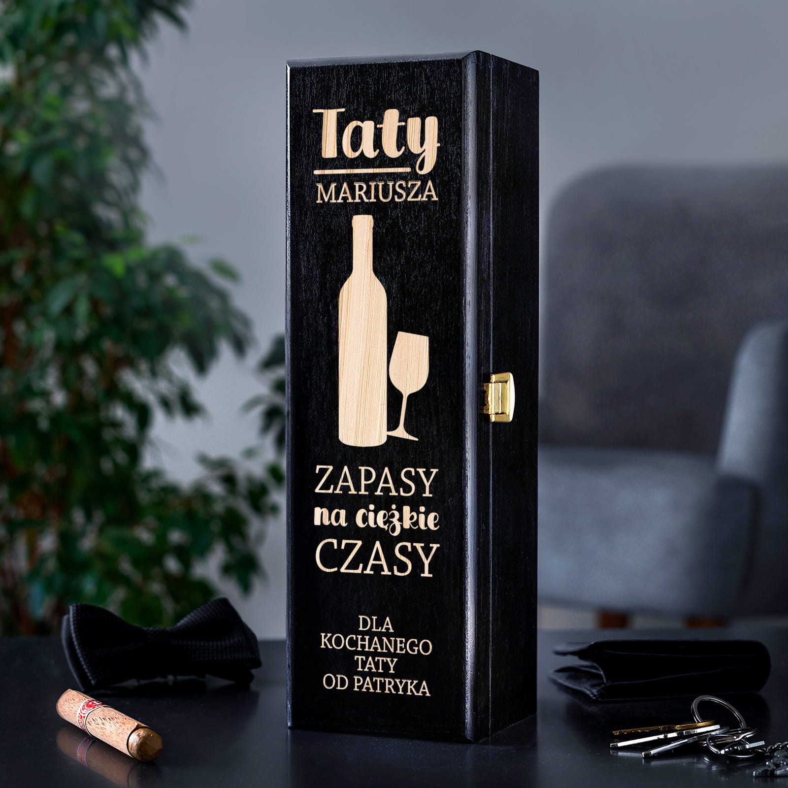 Skrzynka Czarna Na Wino z Grawerem dla Taty - Prezent na Dzień Ojca - Taty Zapasy - Pojedyncza