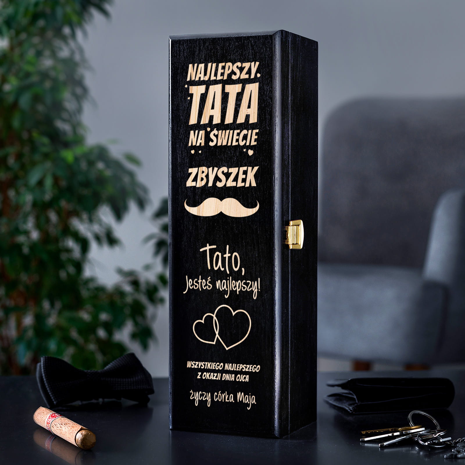 Skrzynka Czarna Na Wino z Grawerem dla Taty - Prezent na Dzień Ojca - Najlepszy Tata na Świecie - Pojedyncza