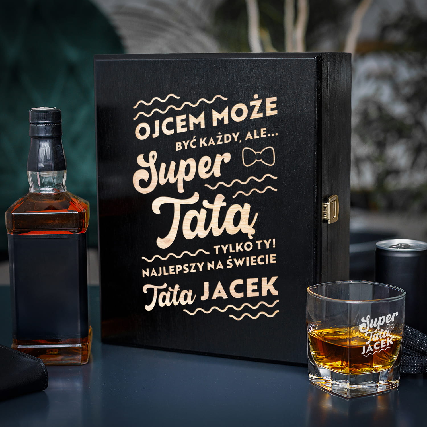 Zestaw Skrzynka na Whisky + Szklanka z Grawerem dla Taty - Prezent na Dzień Ojca - Tylko Ty