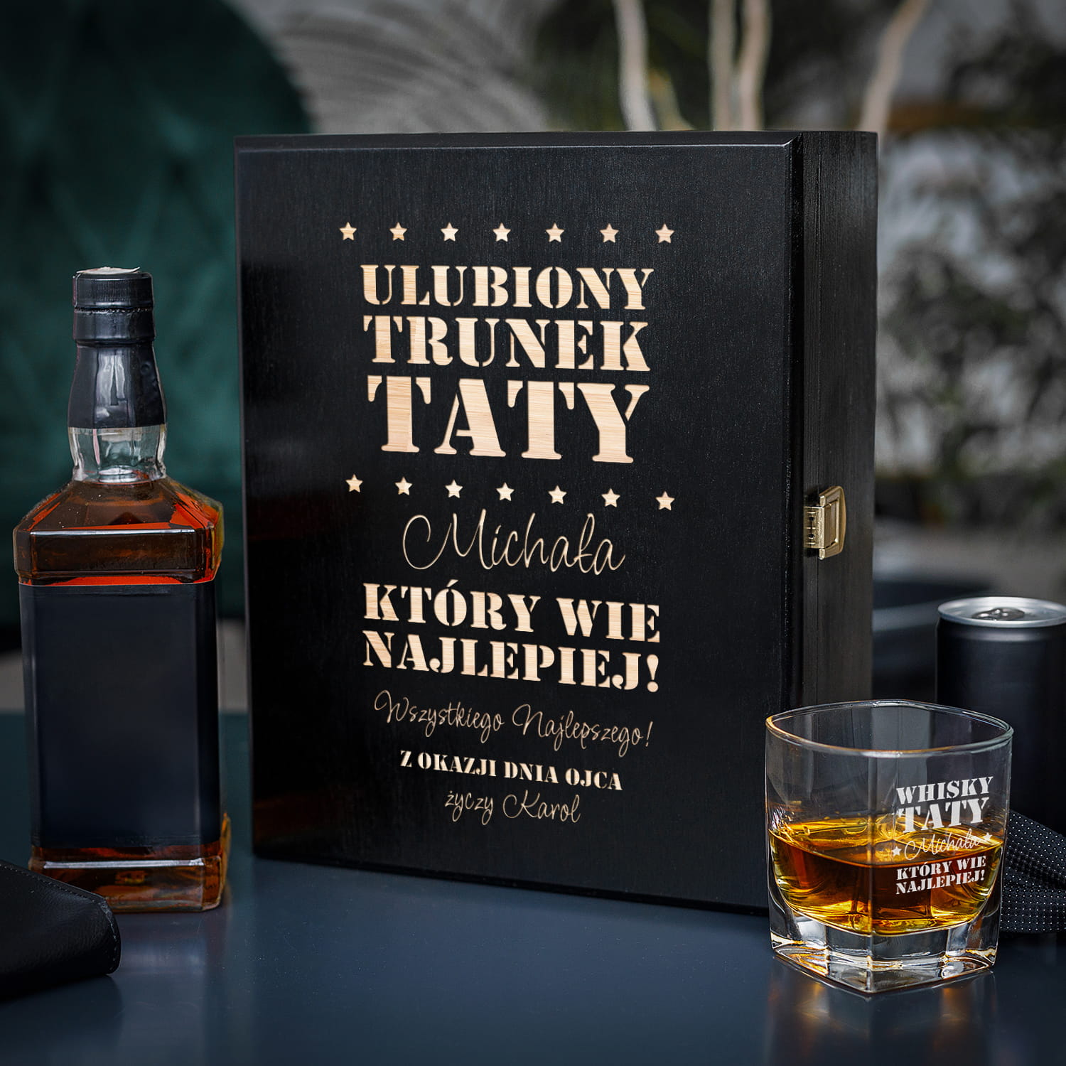 Zestaw Skrzynka na Whisky + Szklanka z Grawerem dla Taty - Prezent na Dzień Ojca - Ulubiony Trunek Taty