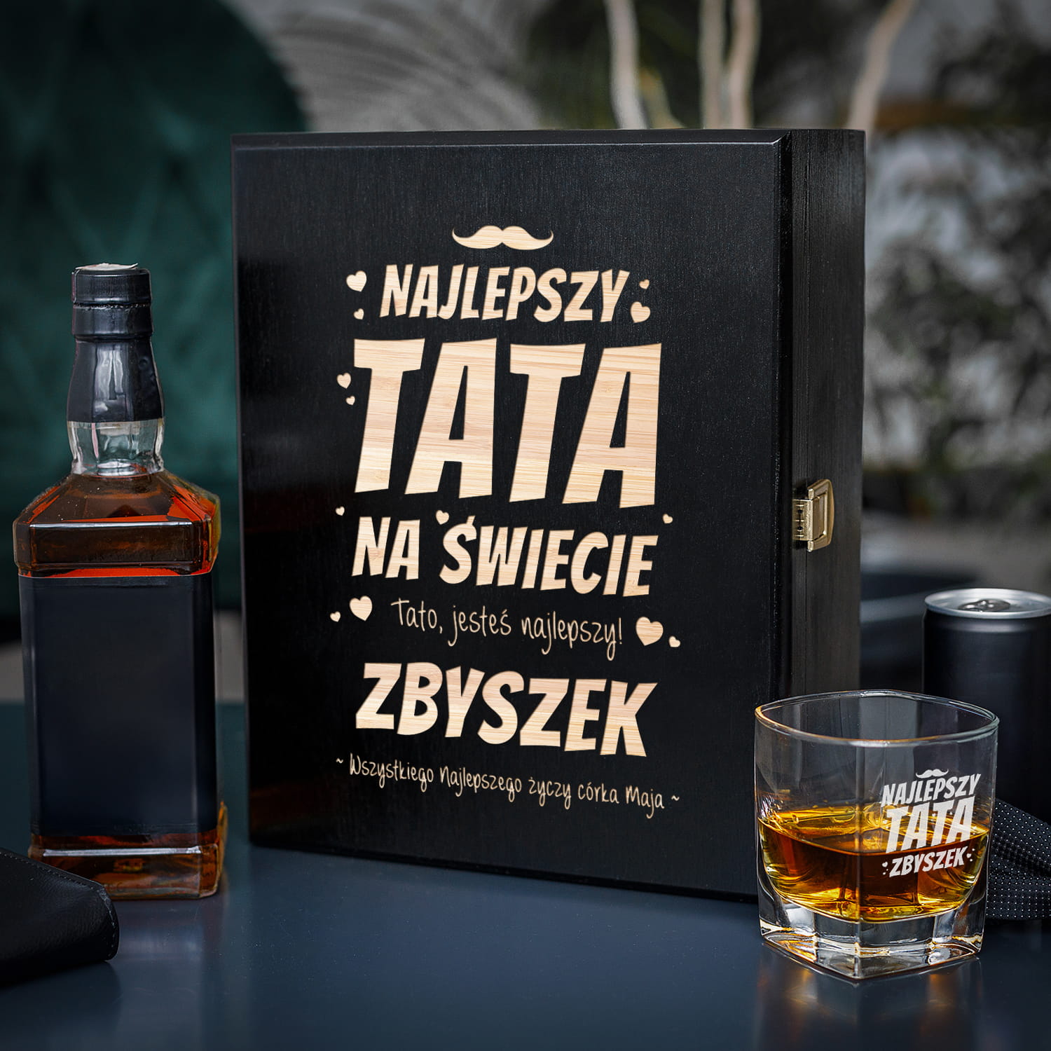 Zestaw Skrzynka na Whisky + Szklanka z Grawerem dla Taty - Prezent na Dzień Ojca - Najlepszy Tata na Świecie