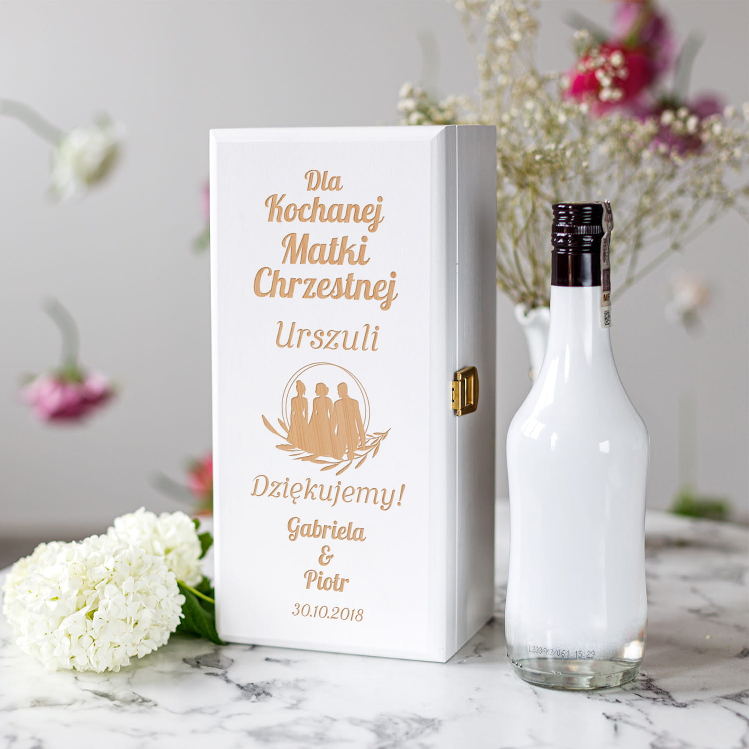 Skrzynka Na Alkohol z Grawerem Podziękowanie dla Matki Chrzestnej, Rodziców Chrzestnych na Ślub - Dla Kochanej Matki Chrzestnej - Biała