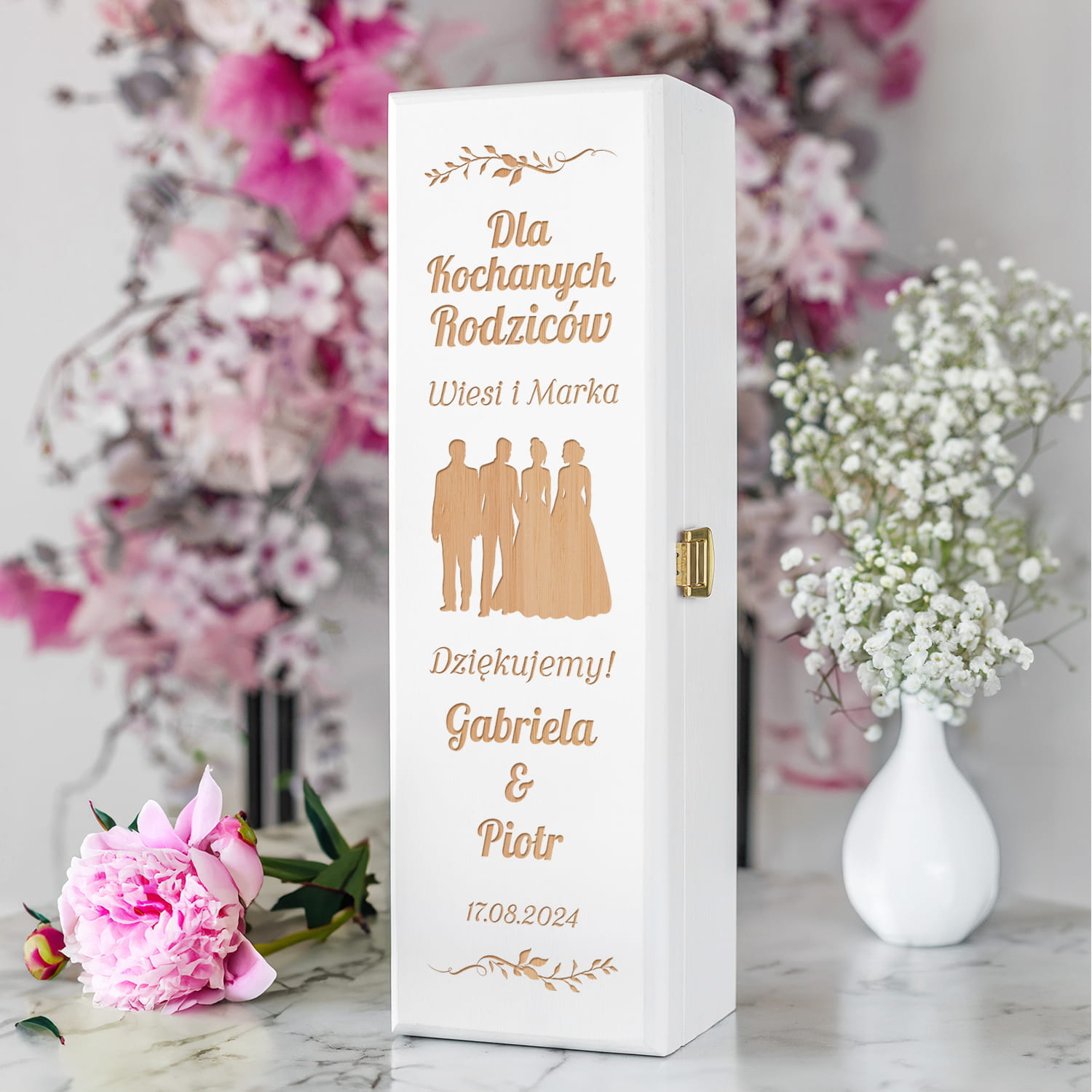 Skrzynka Na Wino z Grawerem Podziękowanie dla Rodziców - Prezent dla Rodziców na Ślub - Dla Kochanych Rodziców - Biała
