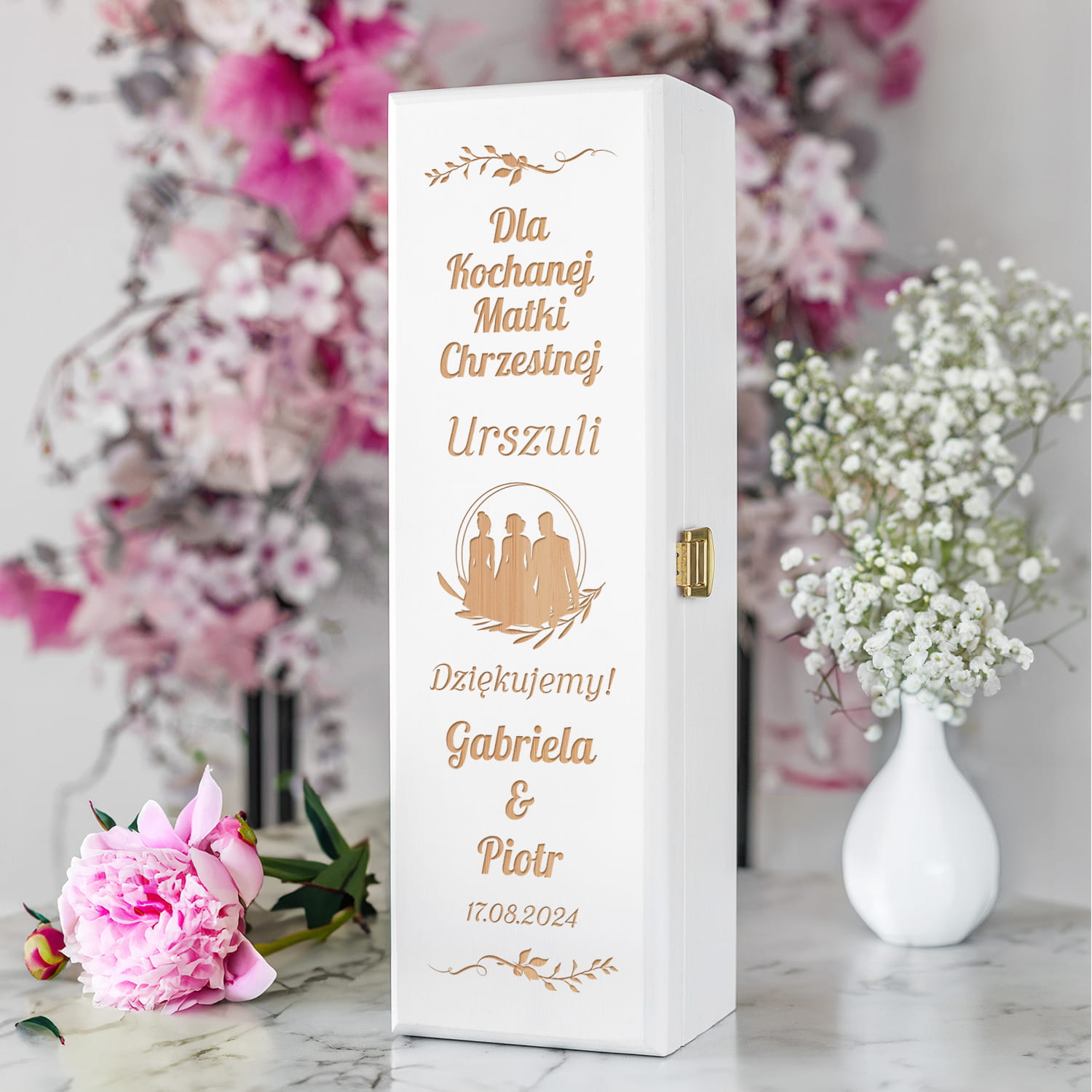 Skrzynka Na Wino z Grawerem Podziękowanie dla Matki Chrzestnej, Rodziców Chrzestnych na Ślub - Dla Kochanej Matki Chrzestnej - Biała