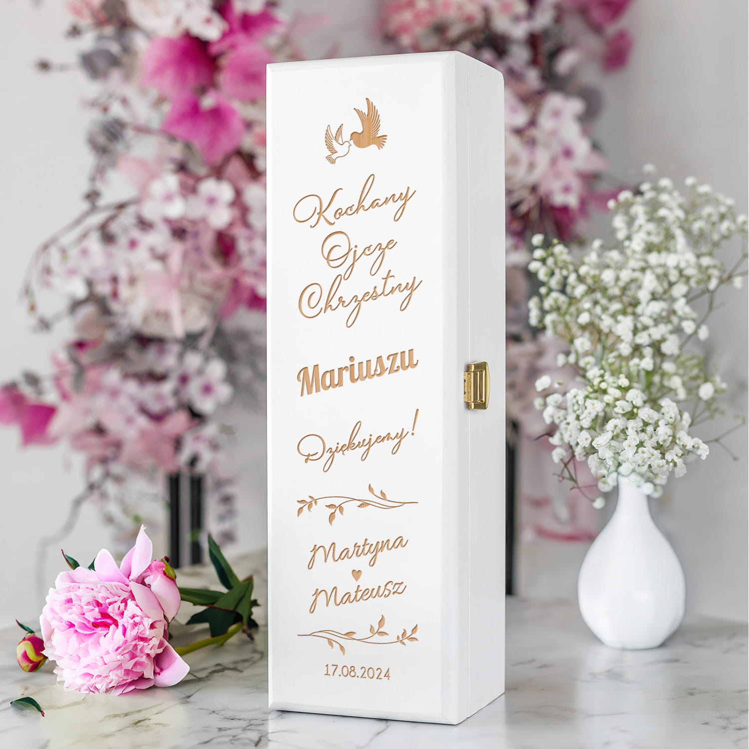 Skrzynka Na Wino z Grawerem Podziękowanie dla Ojca Chrzestnego, Rodziców Chrzestnych na Ślub - Kochany Ojcze Chrzestny - Biała