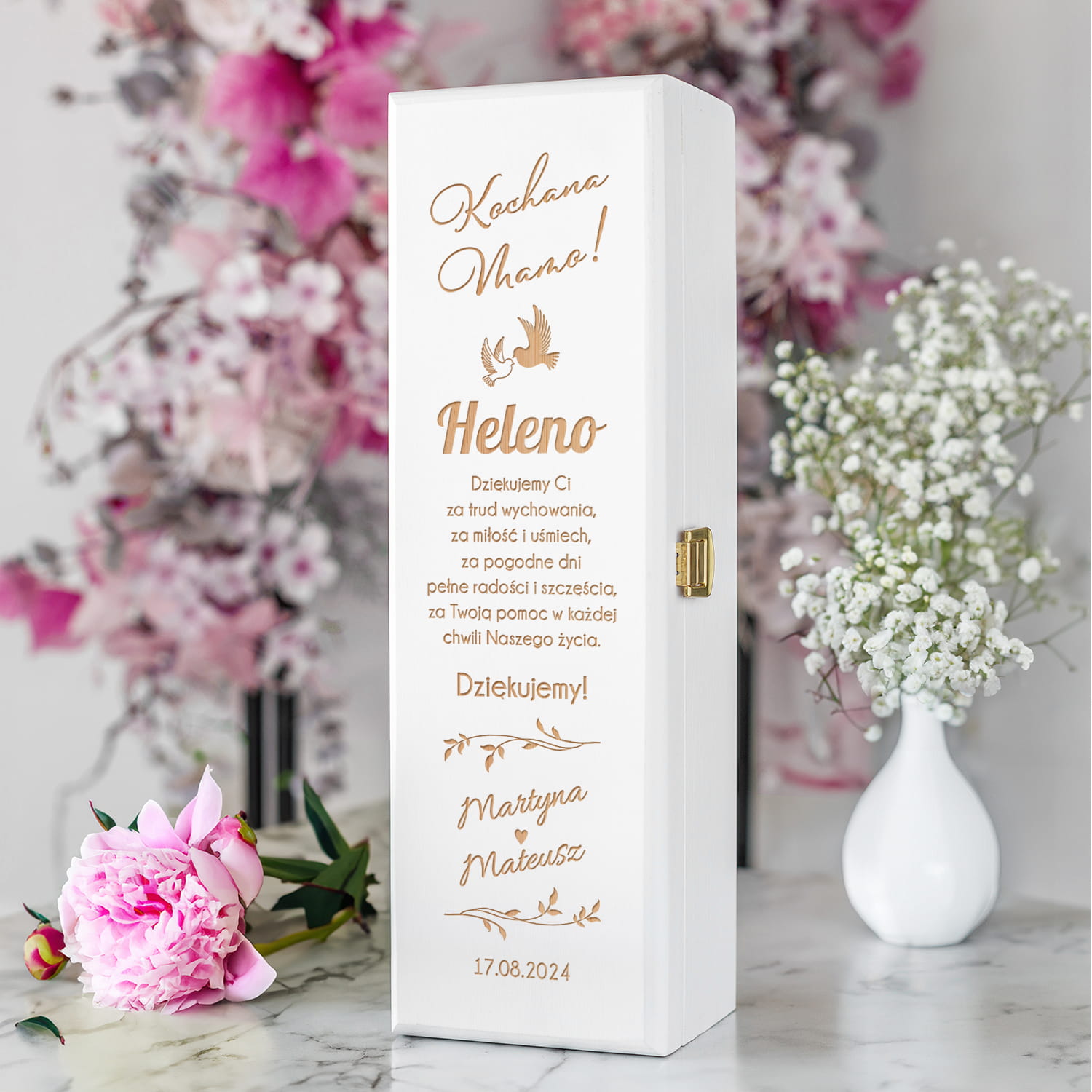Skrzynka Na Wino z Grawerem Podziękowanie dla Mamy - Podziękowanie dla Rodziców na Ślub - Kochana Mamo - Biała