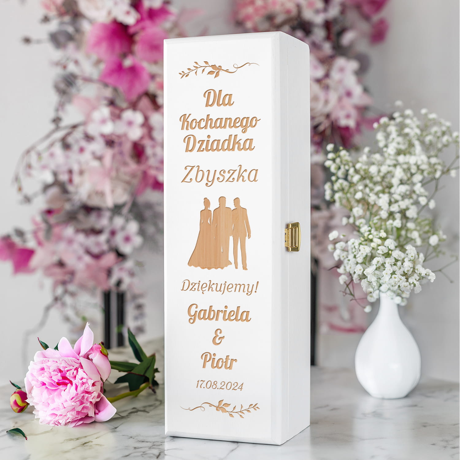 Skrzynka Na Wino z Grawerem Podziękowanie dla Dziadka - Podziękowanie dla Dziadków na Ślub - Dla Kochanego Dziadka - Biała