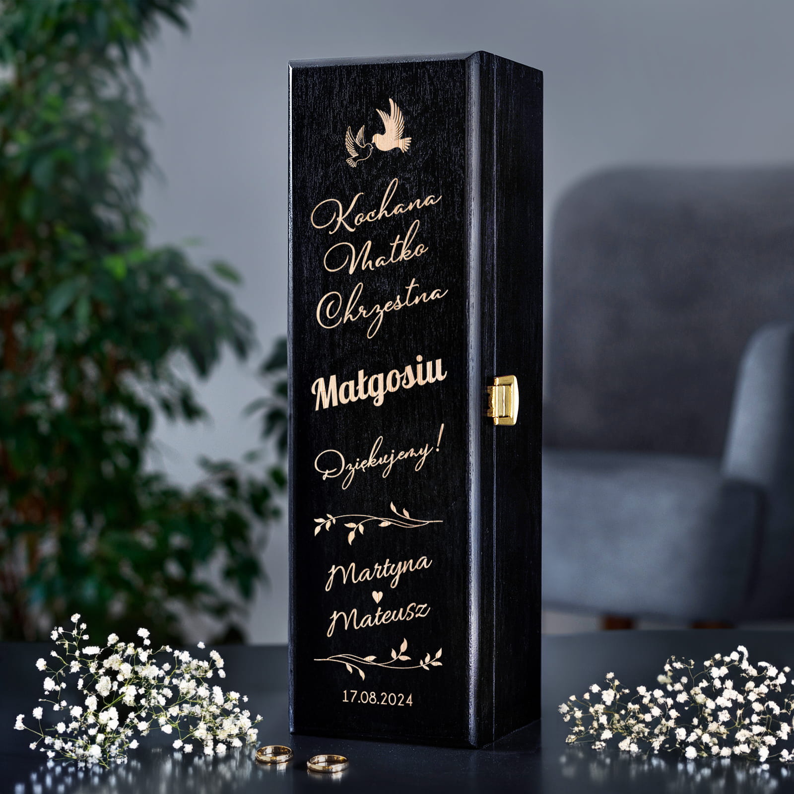 Skrzynka Na Wino z Grawerem Podziękowanie dla Matki Chrzestnej, Rodziców Chrzestnych na Ślub - Kochana Matko Chrzestna - Czarna