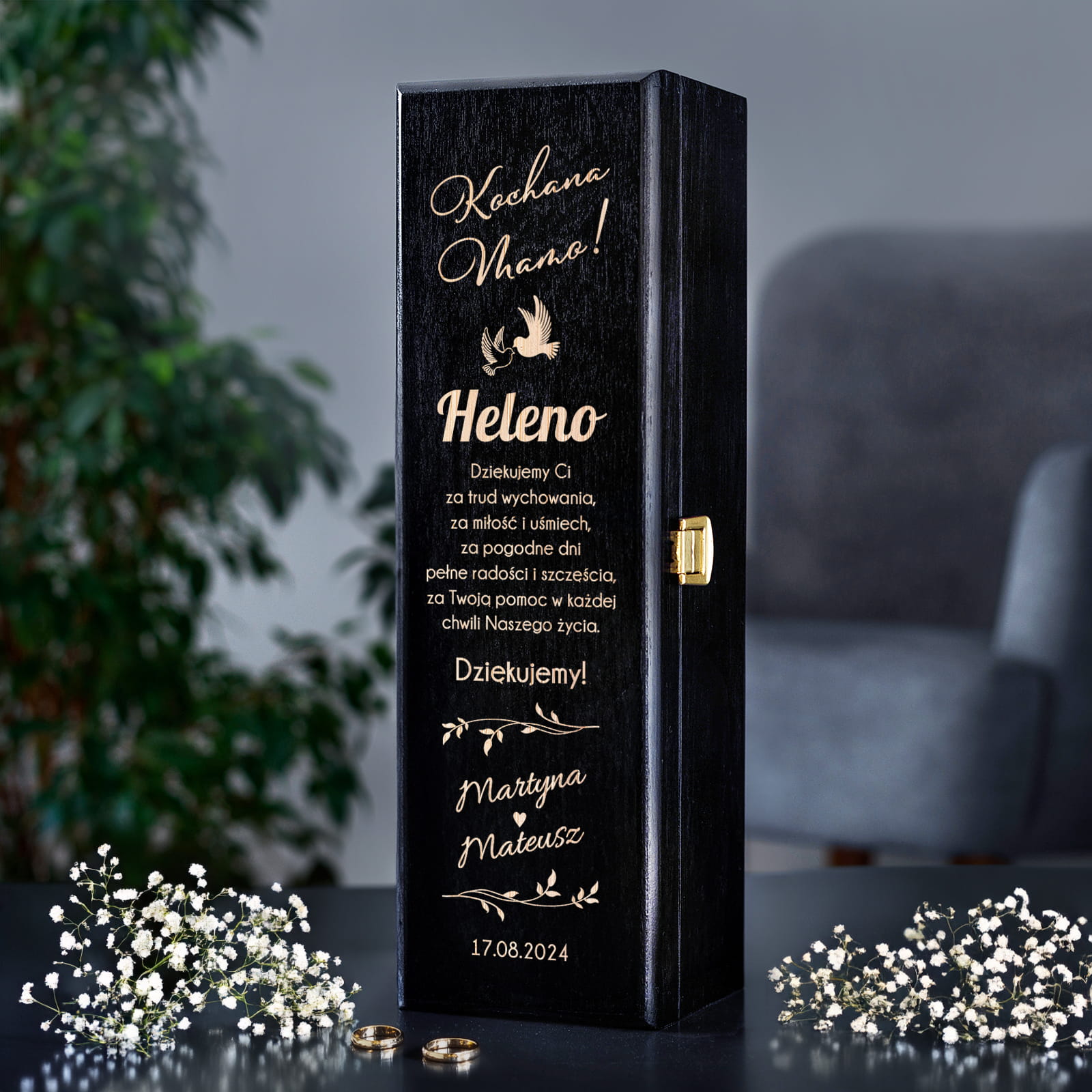 Skrzynka Na Wino z Grawerem Podziękowanie dla Mamy - Podziękowanie dla Rodziców na Ślub - Kochana Mamo - Czarna