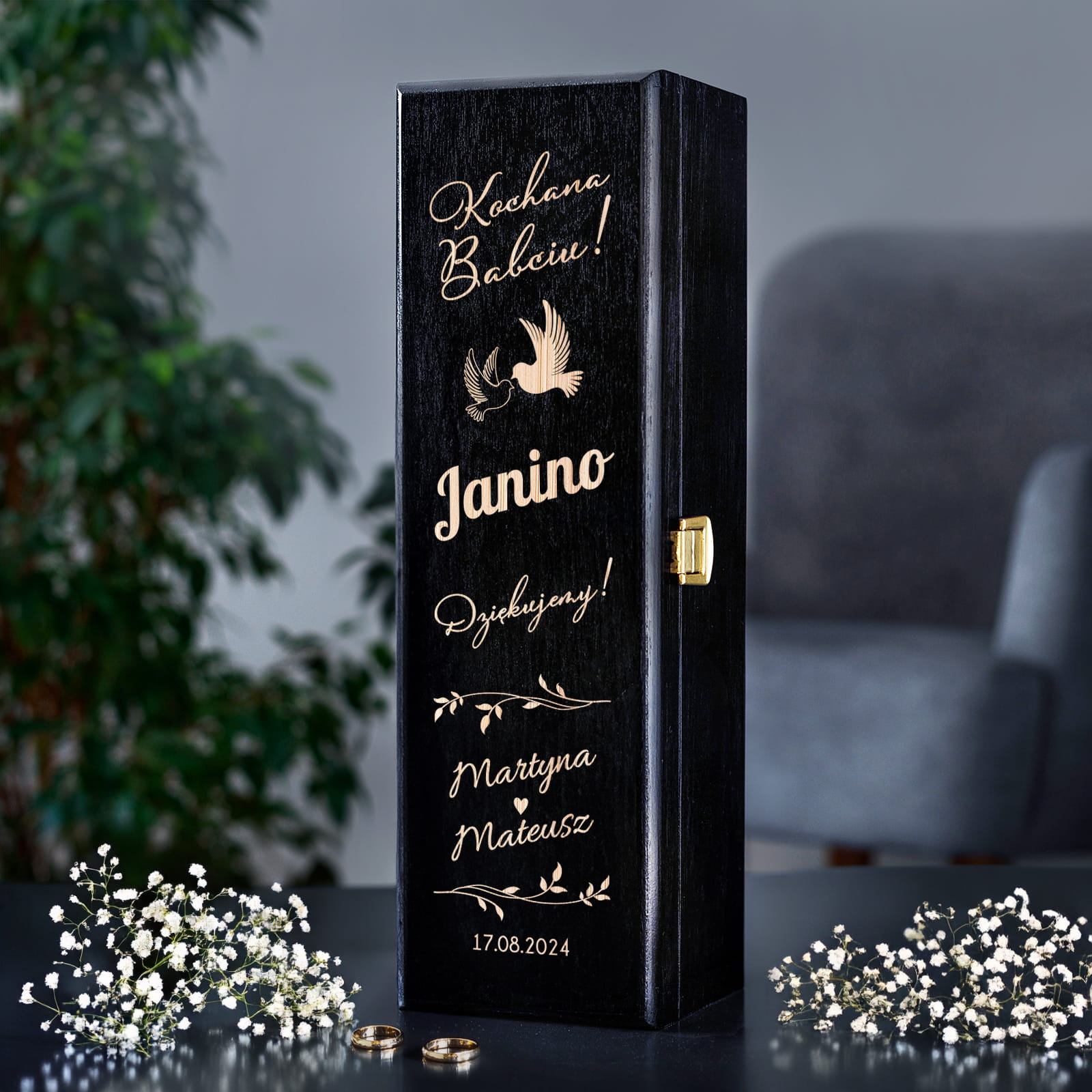 Skrzynka Na Wino z Grawerem Podziękowanie dla Babci - Podziękowanie dla Dziadków na Ślub - Kochana Babciu - Czarny