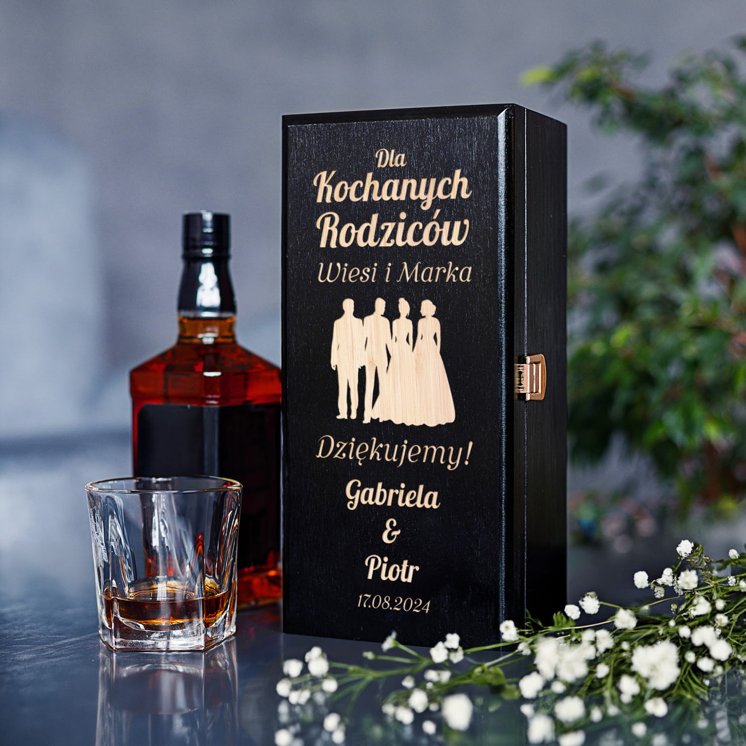 Skrzynka Na Alkohol z Grawerem Podziękowanie dla Rodziców - Prezent dla Rodziców na Ślub - Dla Kochanych Rodziców - Czarna
