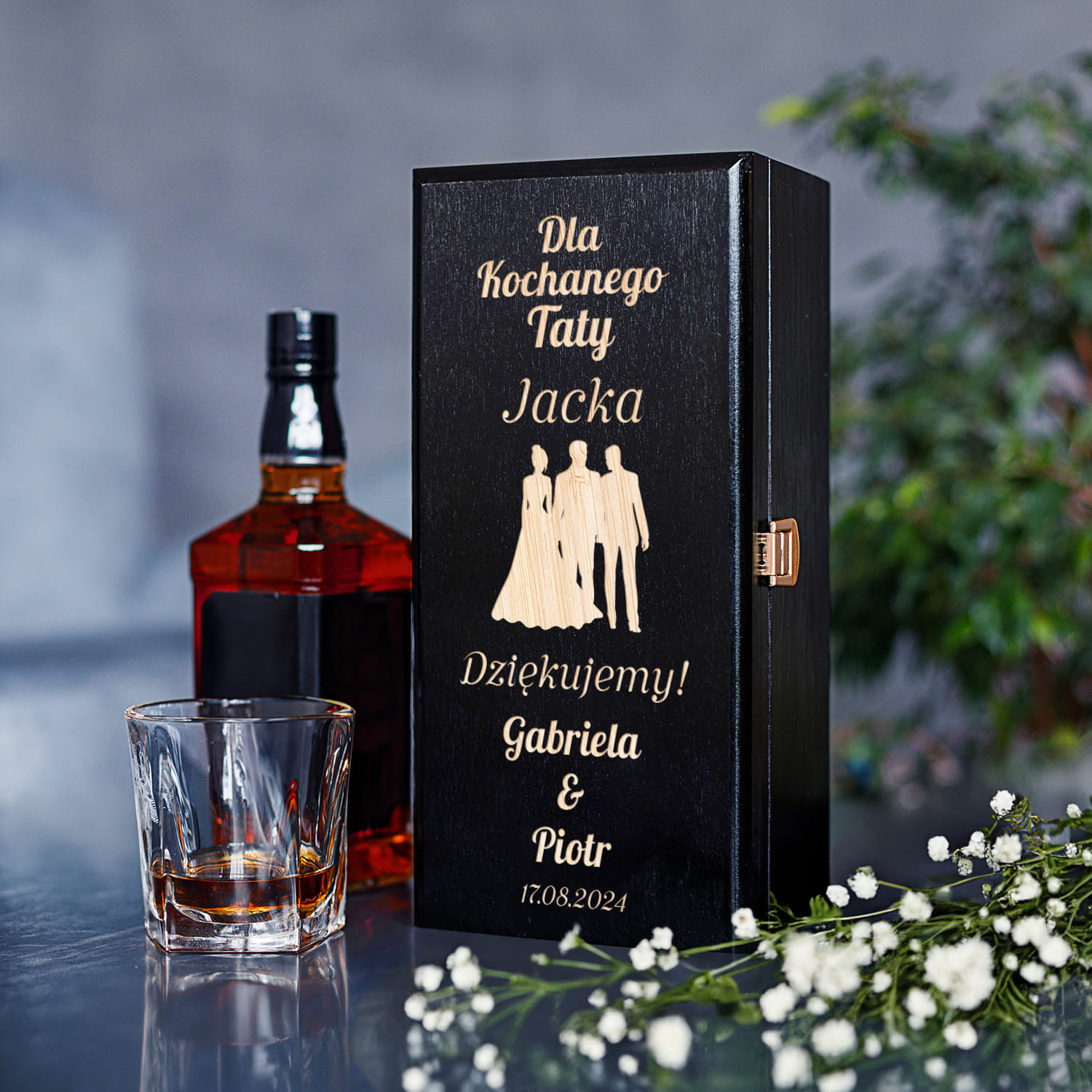 Skrzynka Na Alkohol z Grawerem Podziękowanie dla Taty - Podziękowanie dla Rodziców na Ślub - Dla Kochanego Taty - Czarna