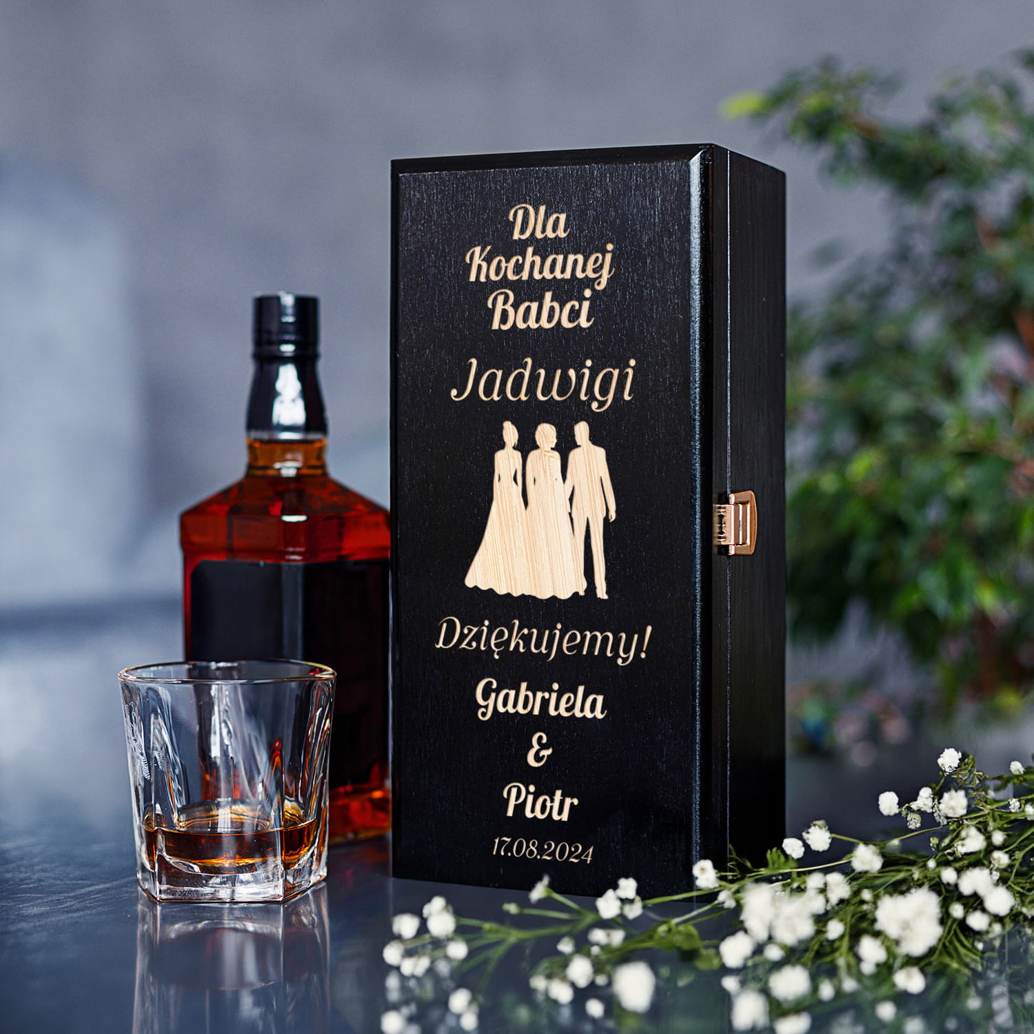 Skrzynka Na Alkohol z Grawerem Podziękowanie dla Babci - Podziękowanie dla Dziadków na Ślub - Dla Kochanej Babci - Czarna